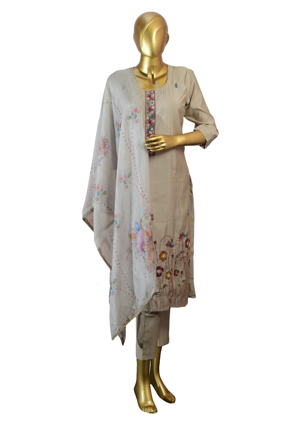 Beige 3 Piece Embroidered Suit Set with Printed Dupatta & Straight Pants – Elegant Women’s Ethnic Wear