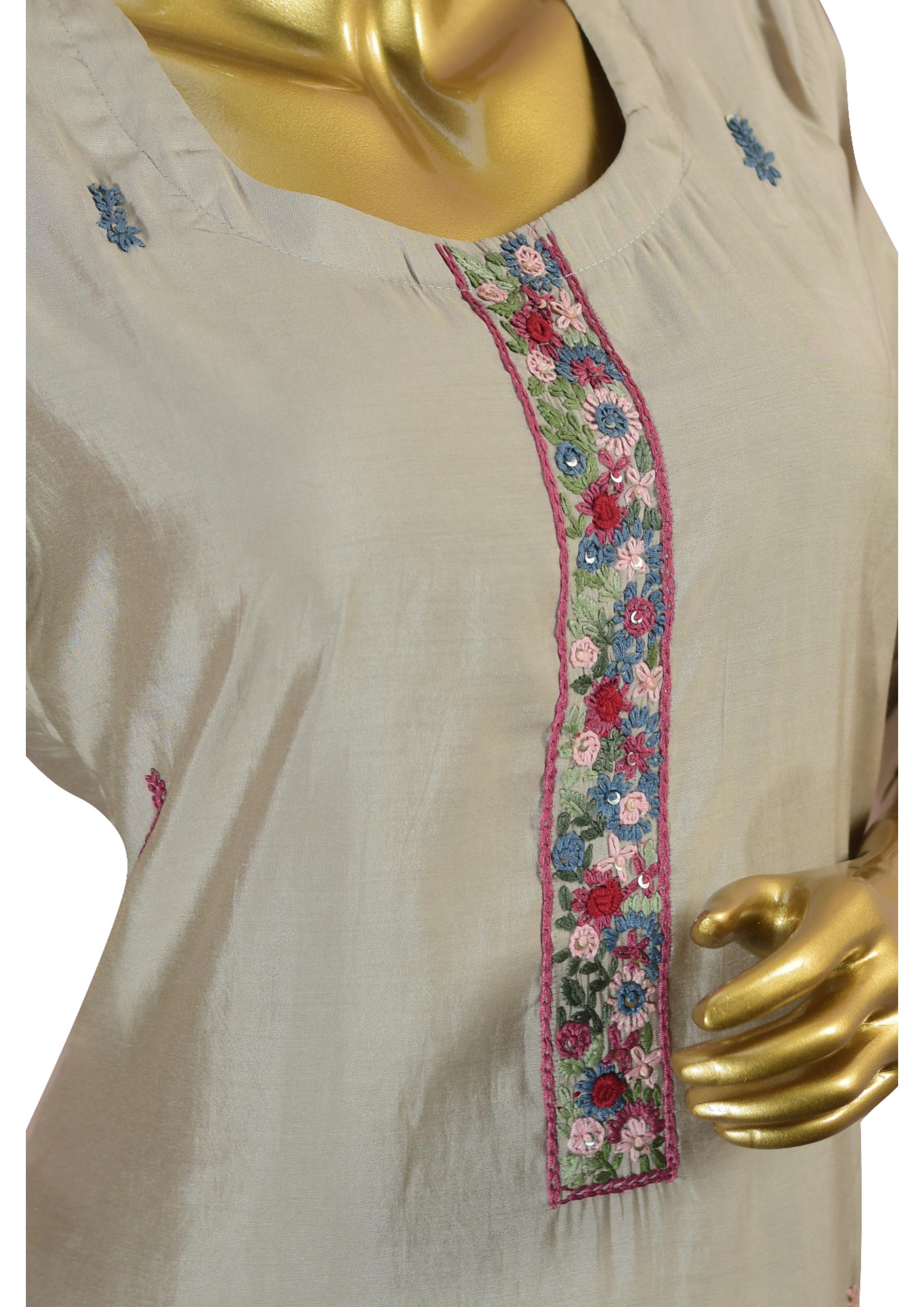 Beige 3 Piece Embroidered Suit Set with Printed Dupatta & Straight Pants – Elegant Women’s Ethnic Wear