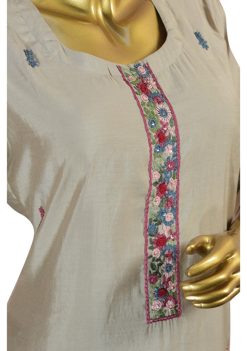 Beige 3 Piece Embroidered Suit Set with Printed Dupatta & Straight Pants – Elegant Women’s Ethnic Wear