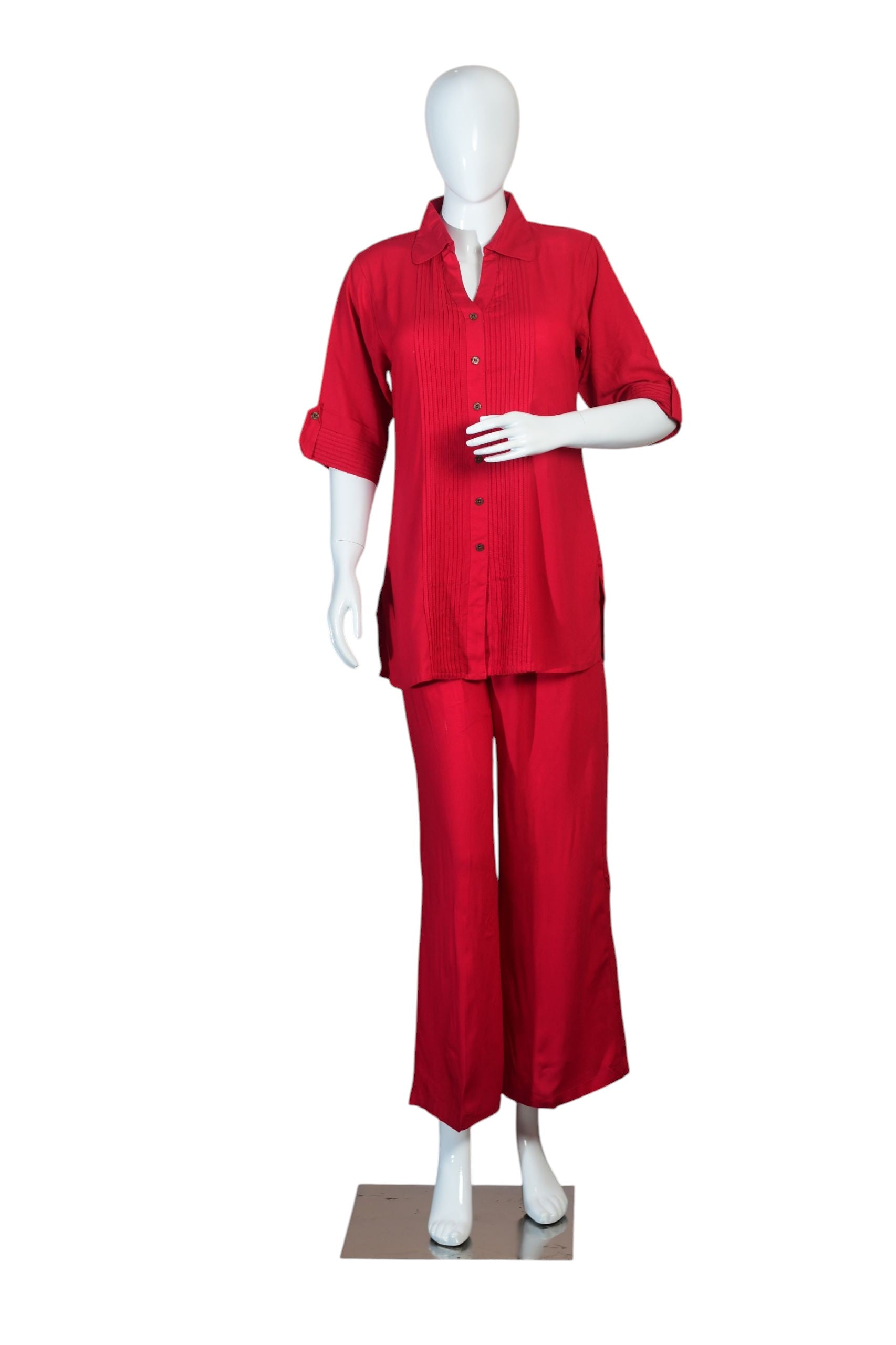 Magenta Pink Rayon Co-ord Set – Collared Top & Wide-Leg Pants