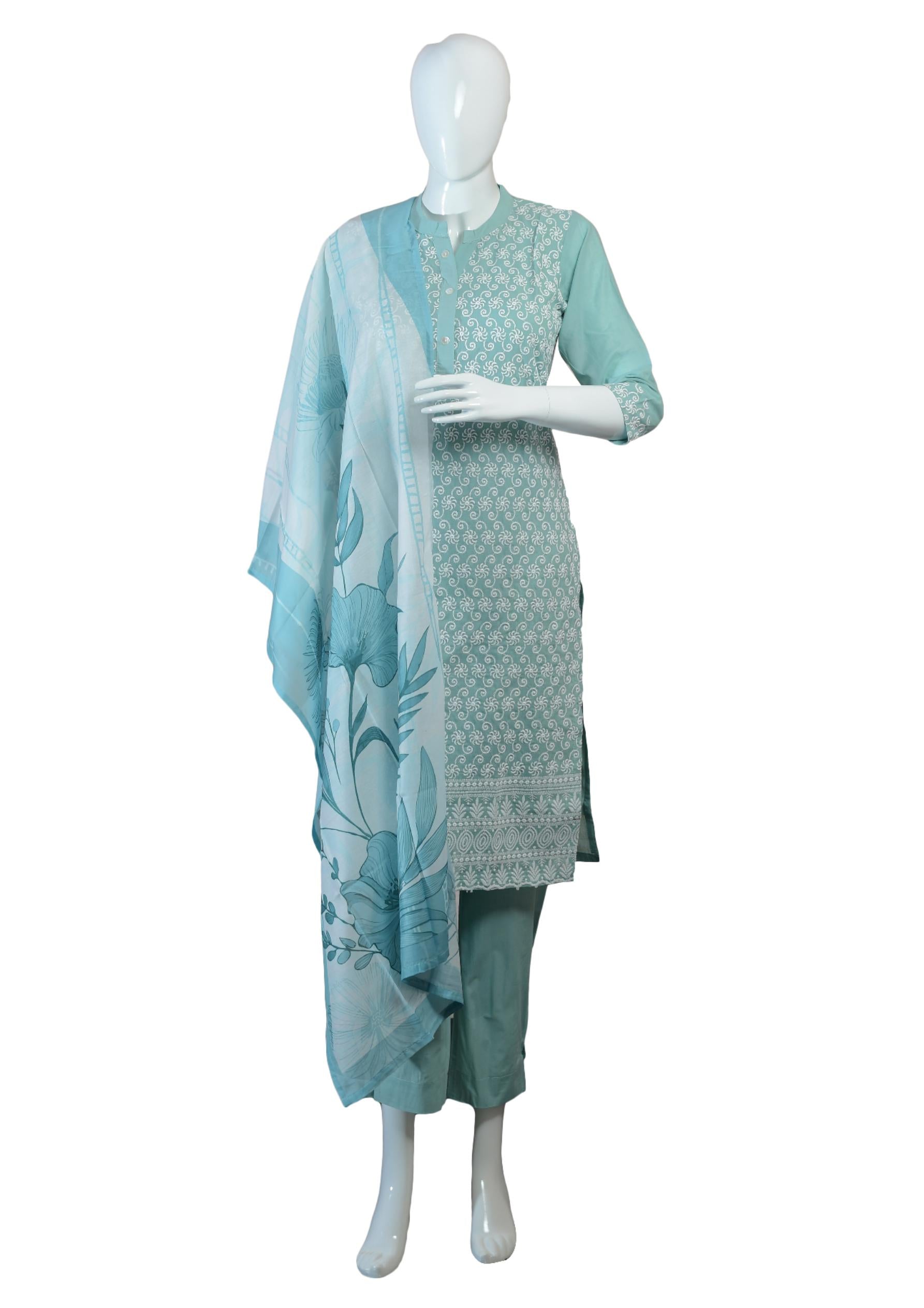 Elegant Cotton Suit with Thread Embroidery and Printed Dupatta