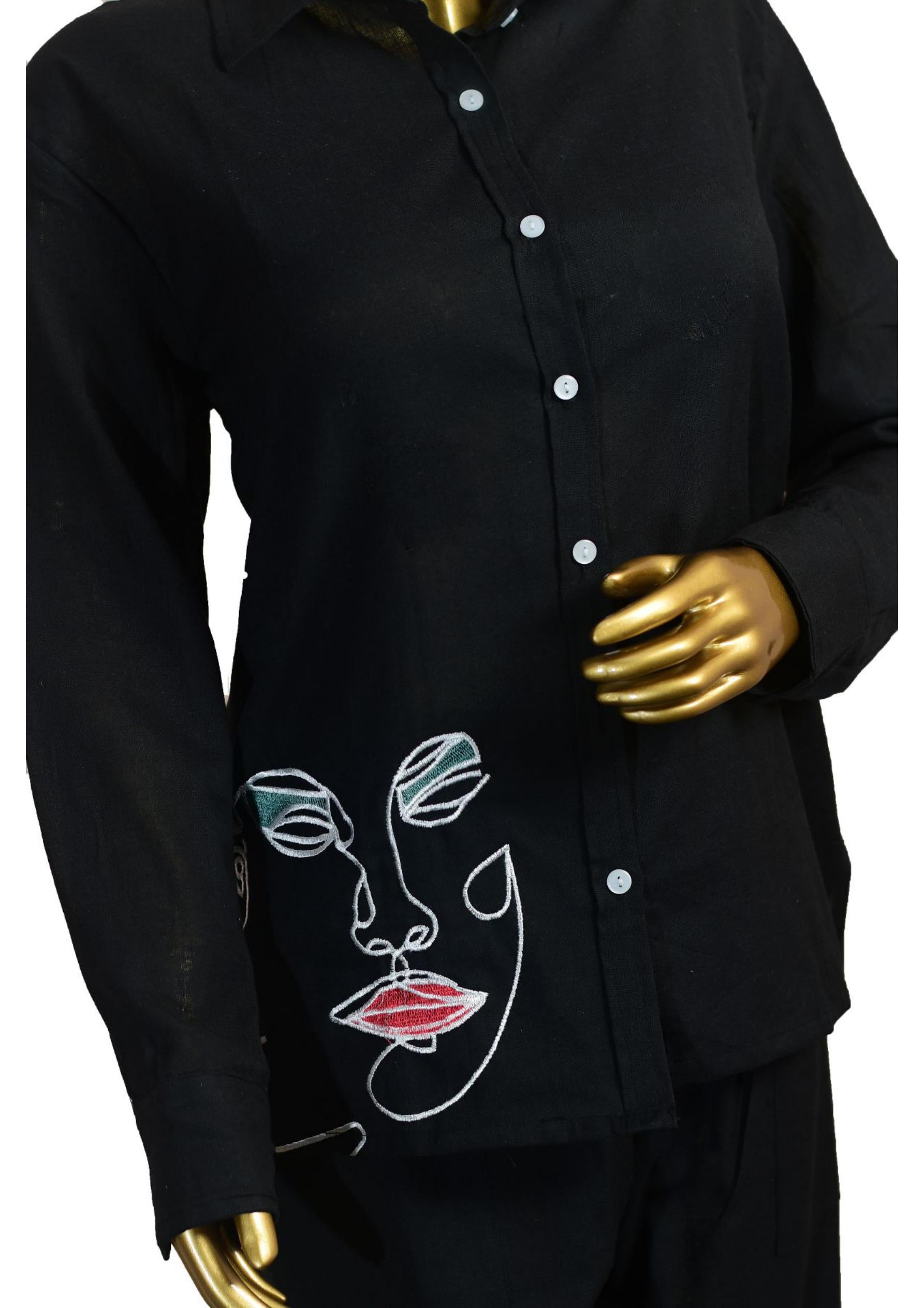 Black Khadi Cotton Co-ord Set for Women – Thread Embroidered Shirt & Pants Ethnic Fusion Wear