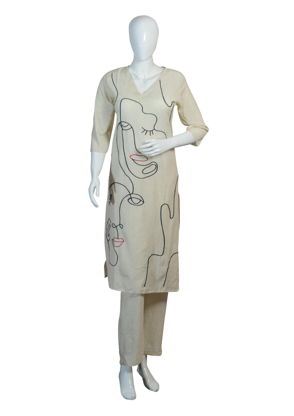 Off-White Abstract Face Print Kurti Pant Set for Women | Khadi Cotton Casual Co-ord Set with V-Neck & 3/4 Sleeves