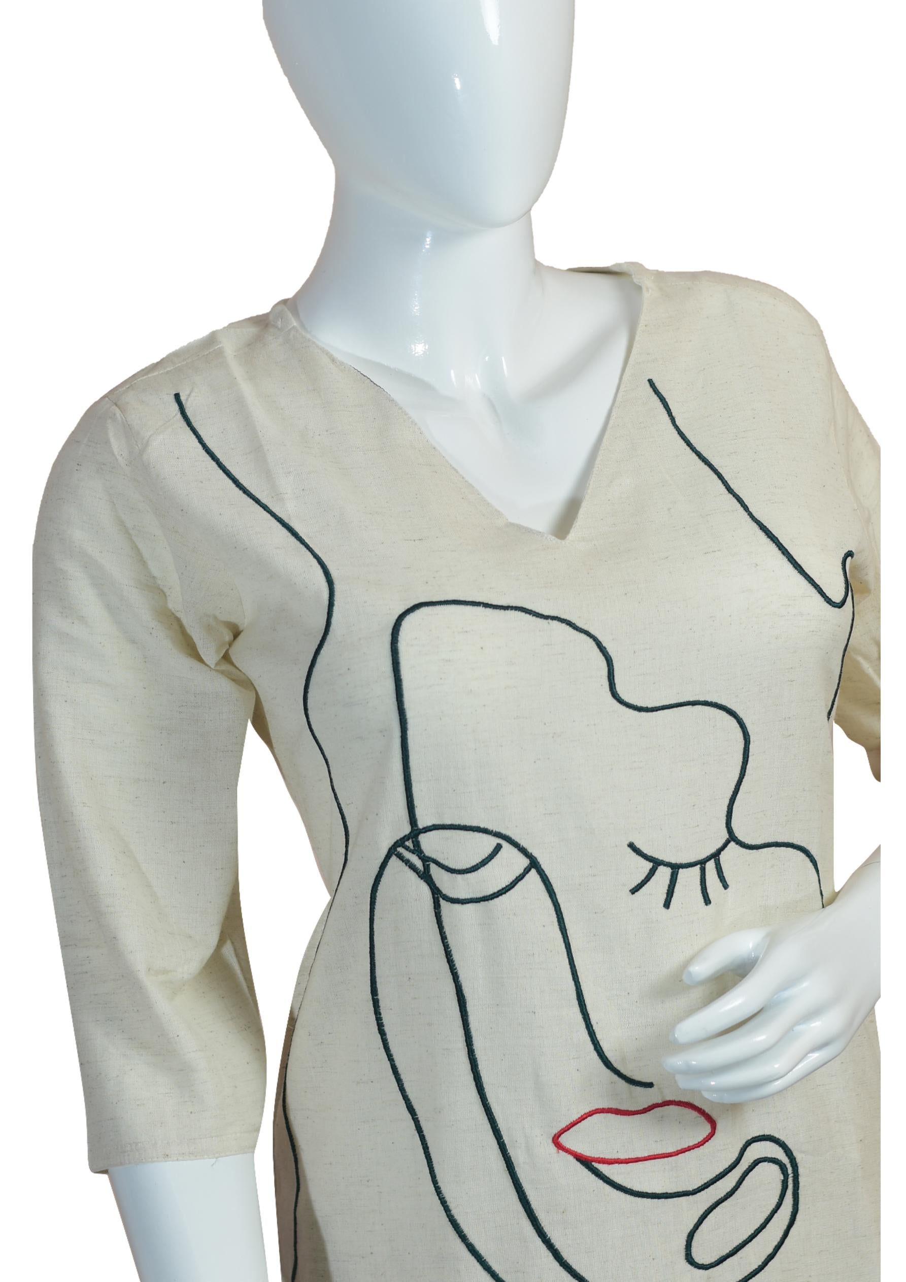 Off-White Abstract Face Print Kurti Pant Set for Women | Khadi Cotton Casual Co-ord Set with V-Neck & 3/4 Sleeves