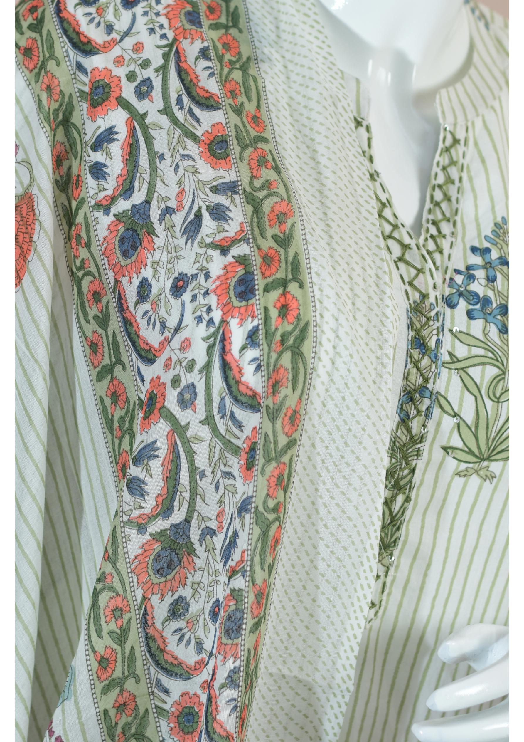 Elegant Cotton Printed Suit Set with Floral & Stripe Design and Coordinated Printed Dupatta – Casual & Semi-Festive Wear