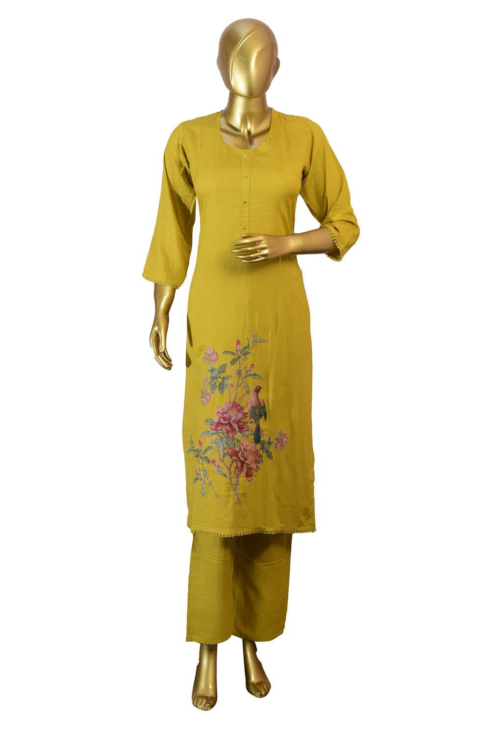 Elegant Mustard Yellow 3-Piece Suit with Floral Print & Embroidery