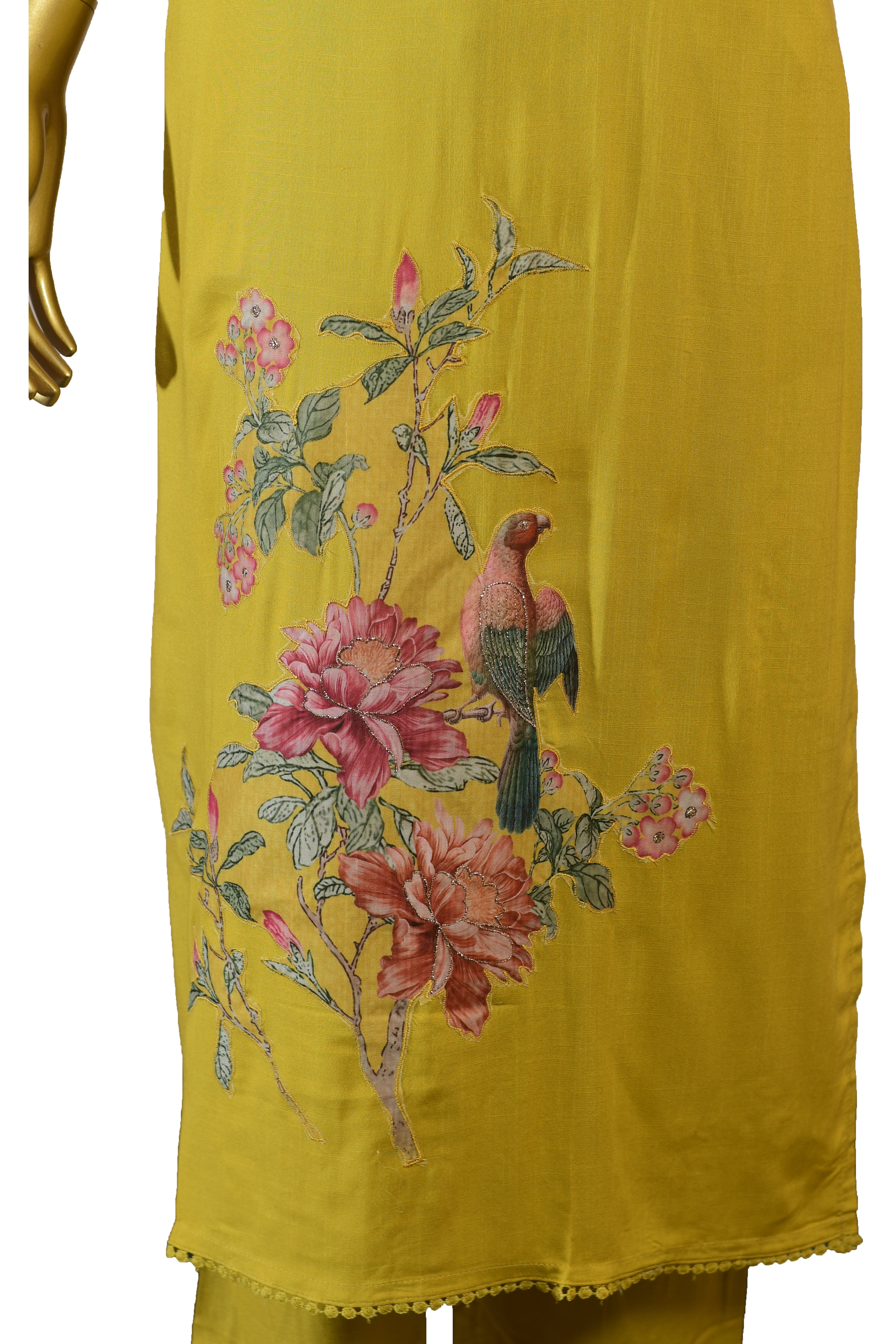 Elegant Mustard Yellow 3-Piece Suit with Floral Print & Embroidery