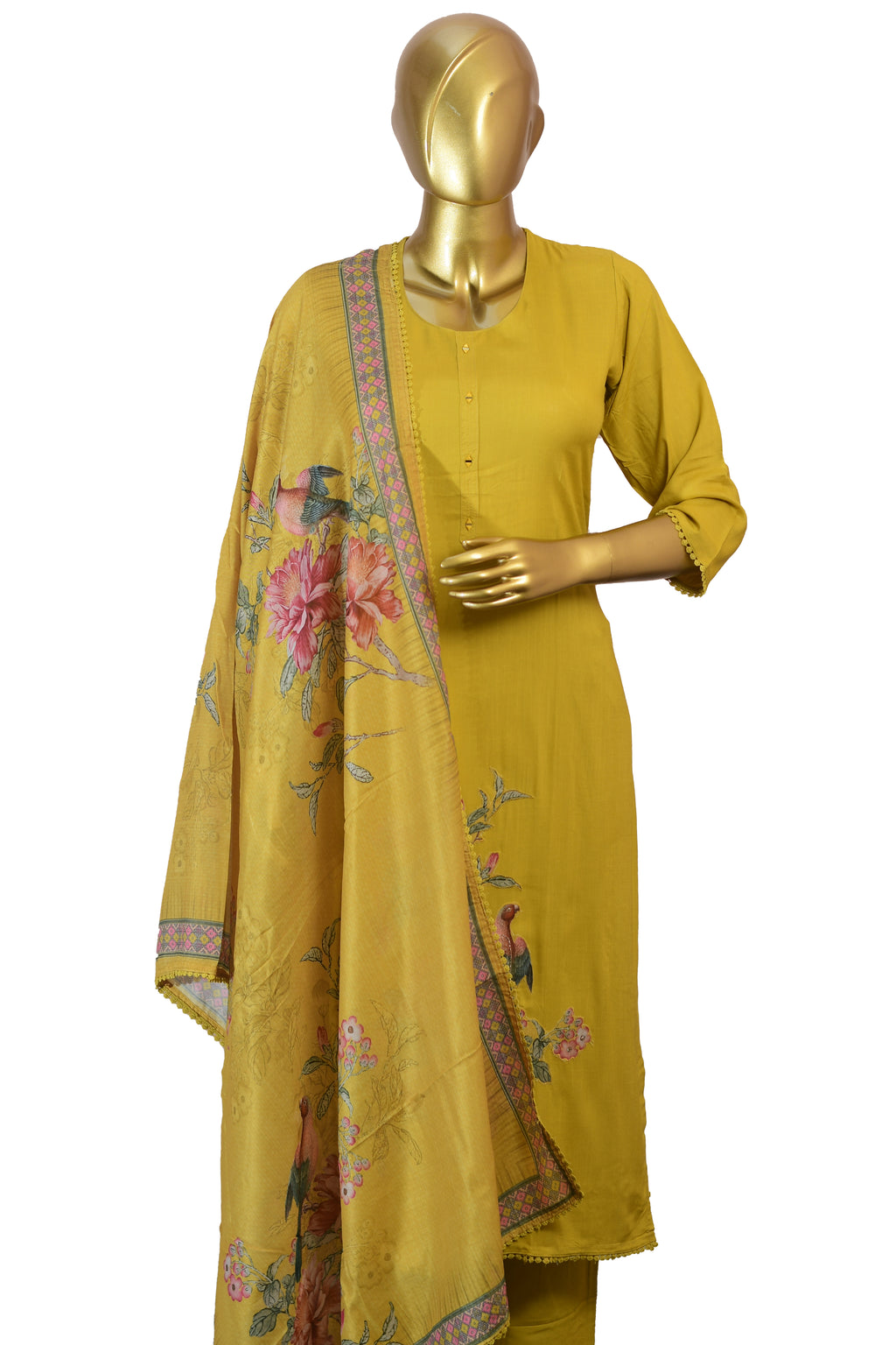 Elegant Mustard Yellow 3-Piece Suit with Floral Print & Embroidery
