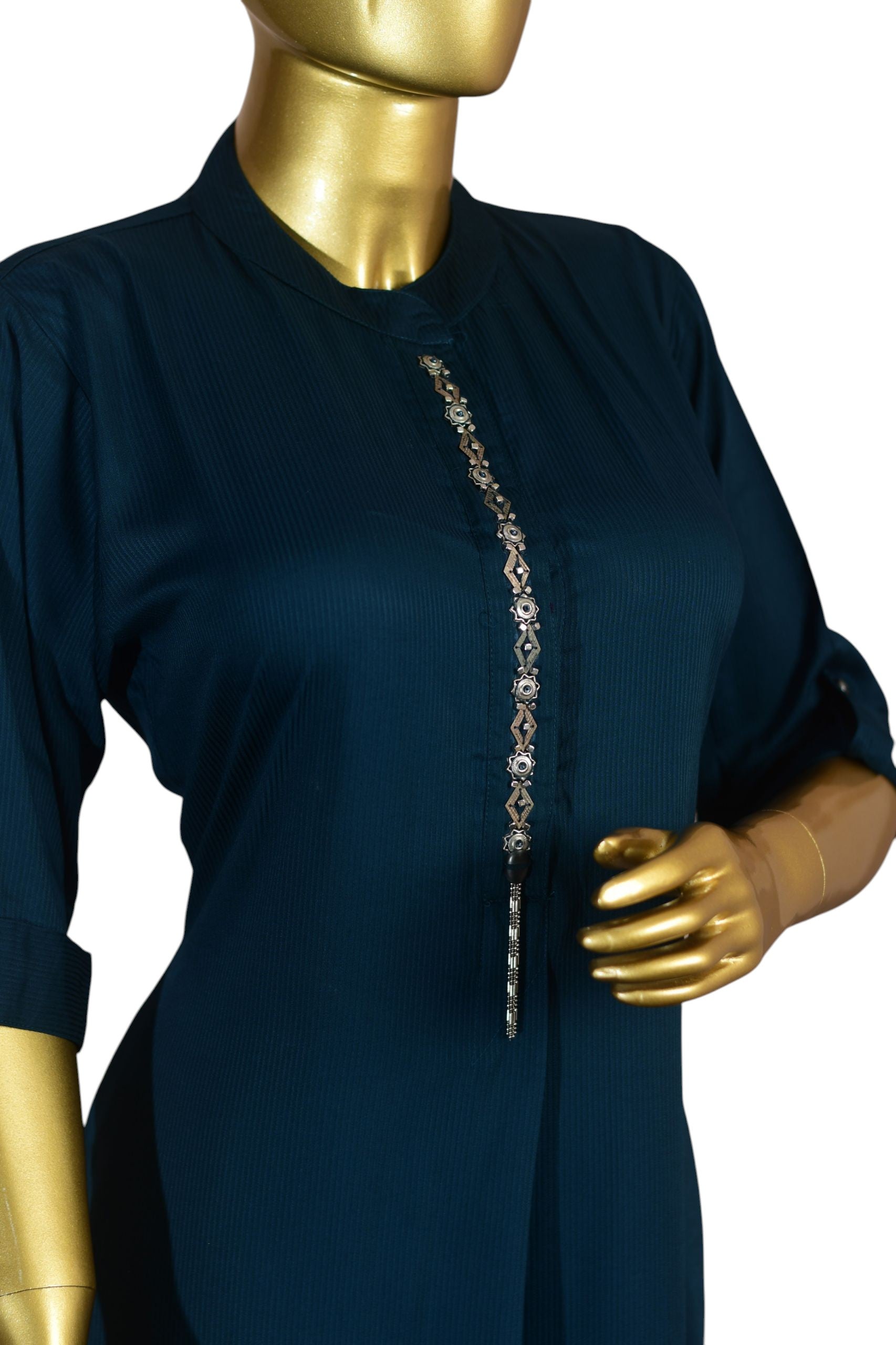 Dark Blue Women's Tunic and Trouser Co-ord Set and 3/4 Sleeves, Stylish Ethnic Wear with Decorative Metal Trim for Daily and Festive Use