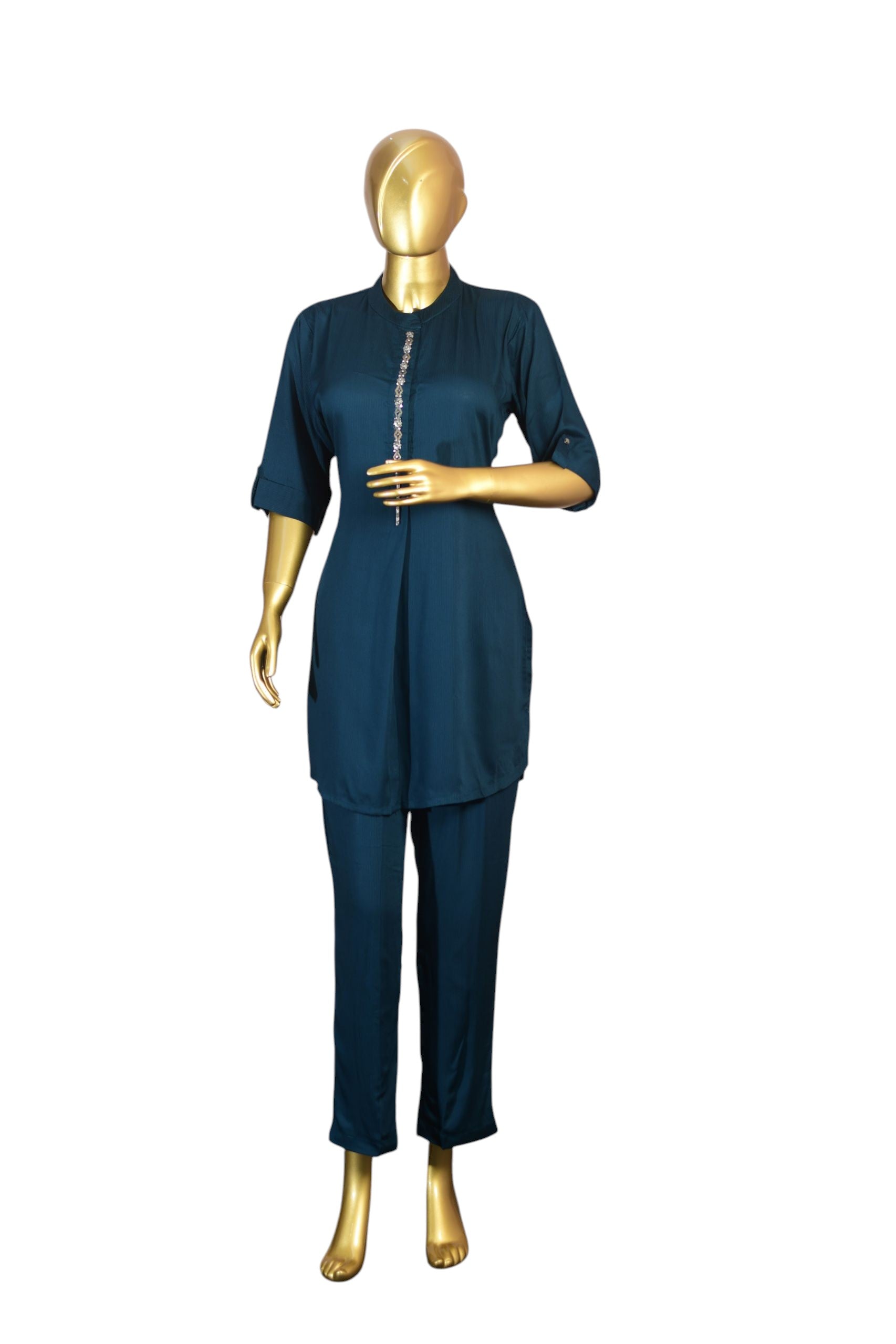 Dark Blue Women's Tunic and Trouser Co-ord Set and 3/4 Sleeves, Stylish Ethnic Wear with Decorative Metal Trim for Daily and Festive Use