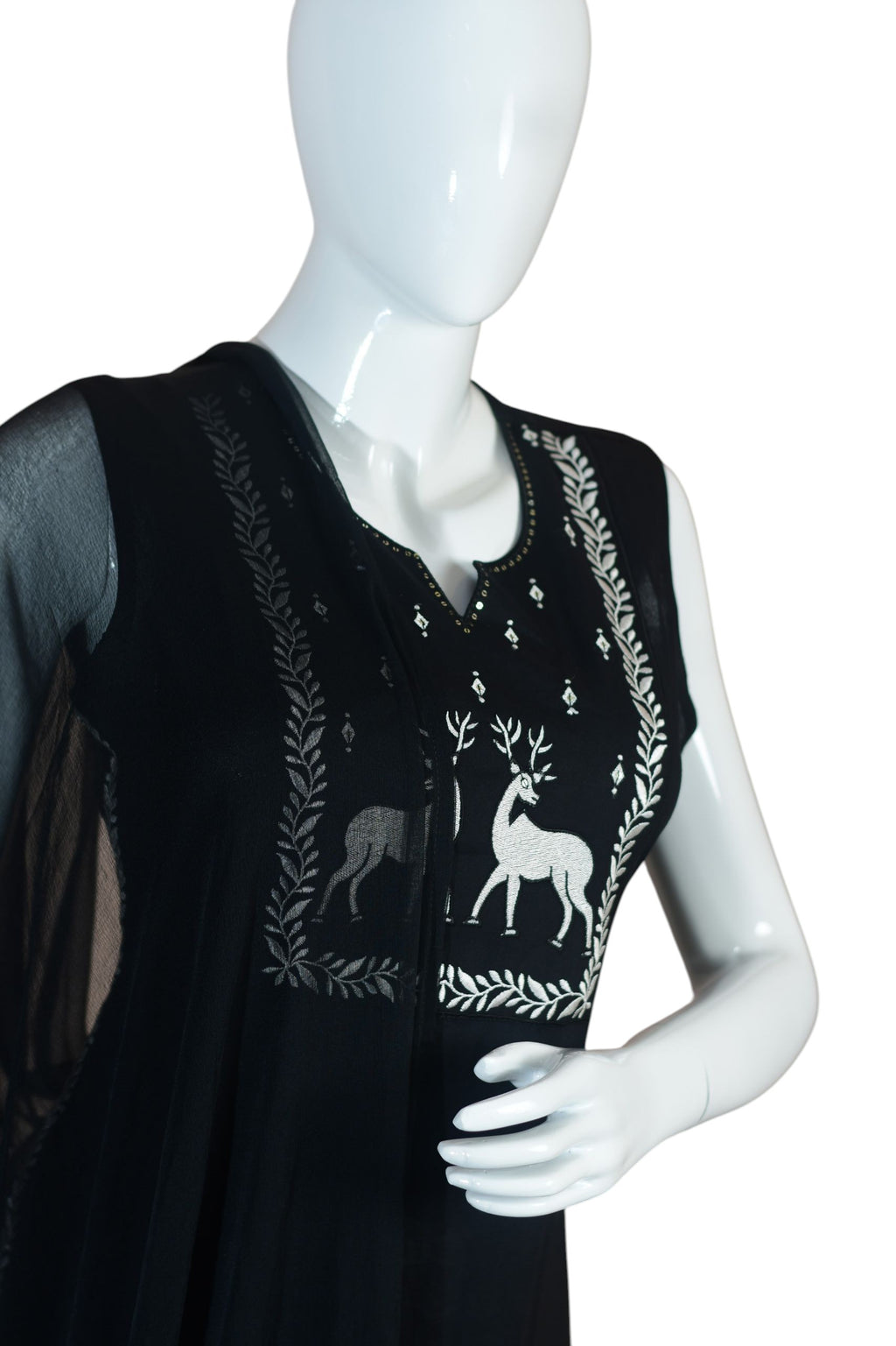 Black Kurta Set with Dupatta, 3/4 Sleeve Traditional Ethnic Wear with Pants and Decorative Buttons | Round Neck