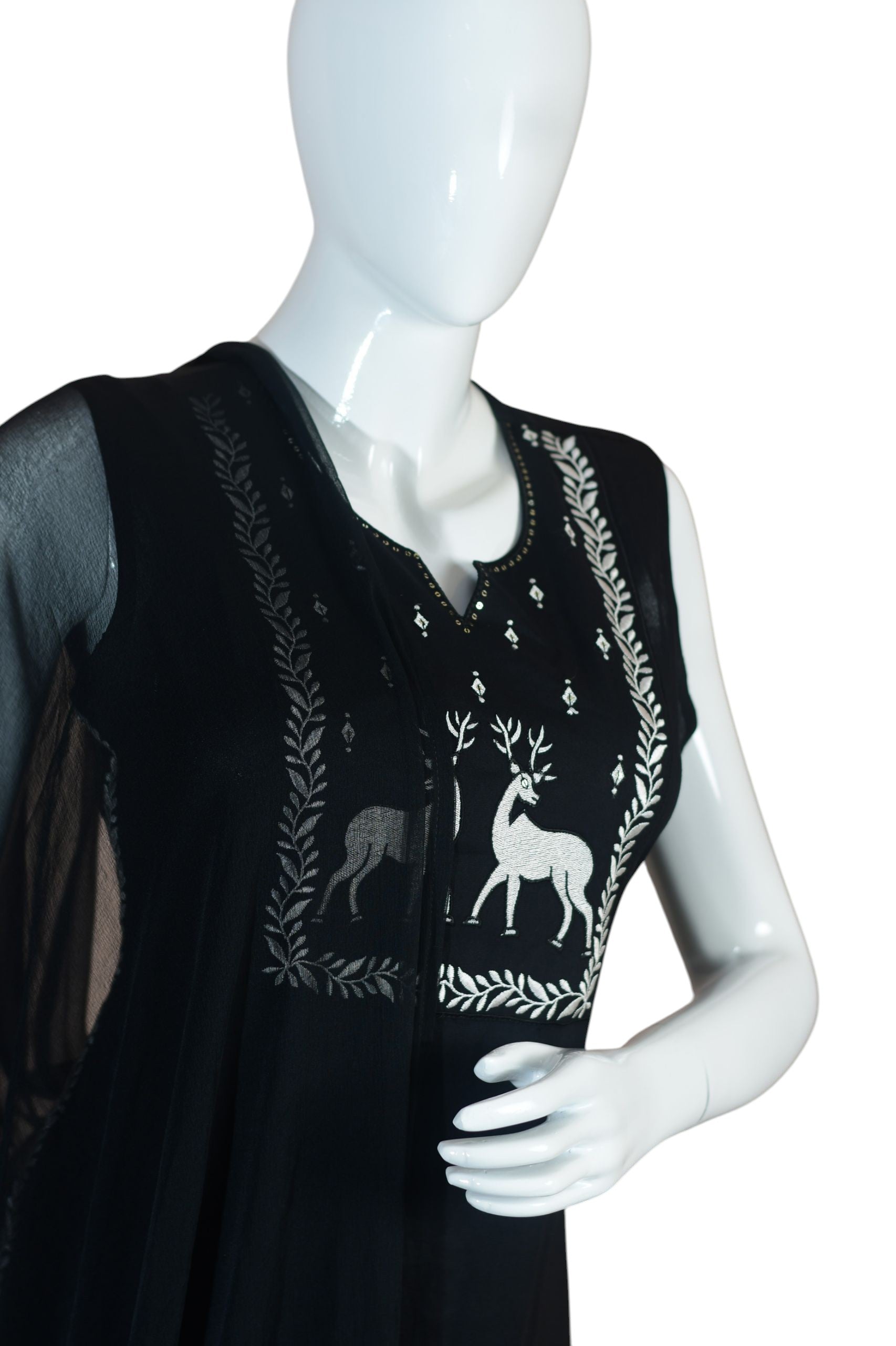 Black Kurta Set with Dupatta, 3/4 Sleeve Traditional Ethnic Wear with Pants and Decorative Buttons | Round Neck