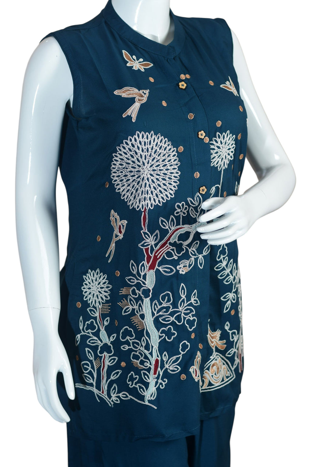 Navy Blue Embroidered Tunic and Trouser Set with Sleeveless Design, Floral Garden & Butterfly Motif – Stylish Ethnic Co-ord Set