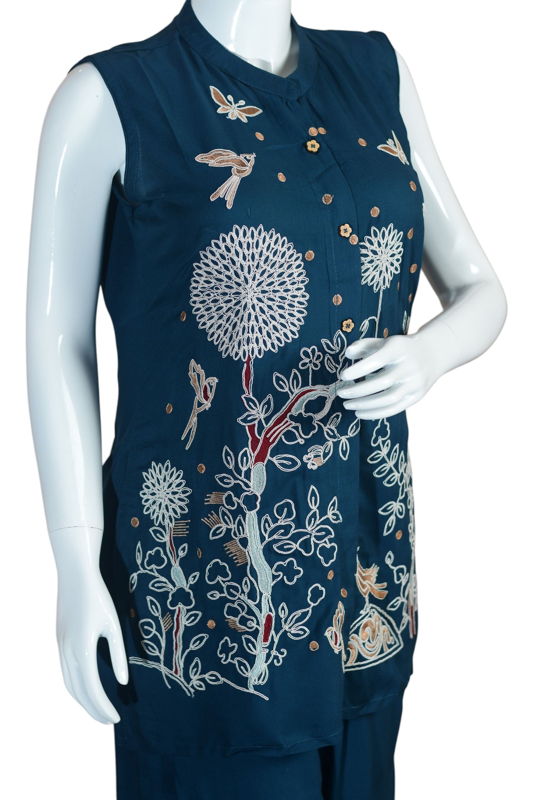 Navy Blue Embroidered Tunic and Trouser Set with Sleeveless Design, Floral Garden & Butterfly Motif – Stylish Ethnic Co-ord Set