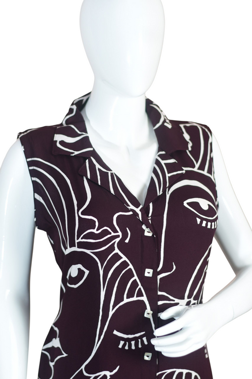 Abstract Face Print Sleeveless Dress, Black and White, V-Neck, Midi Length