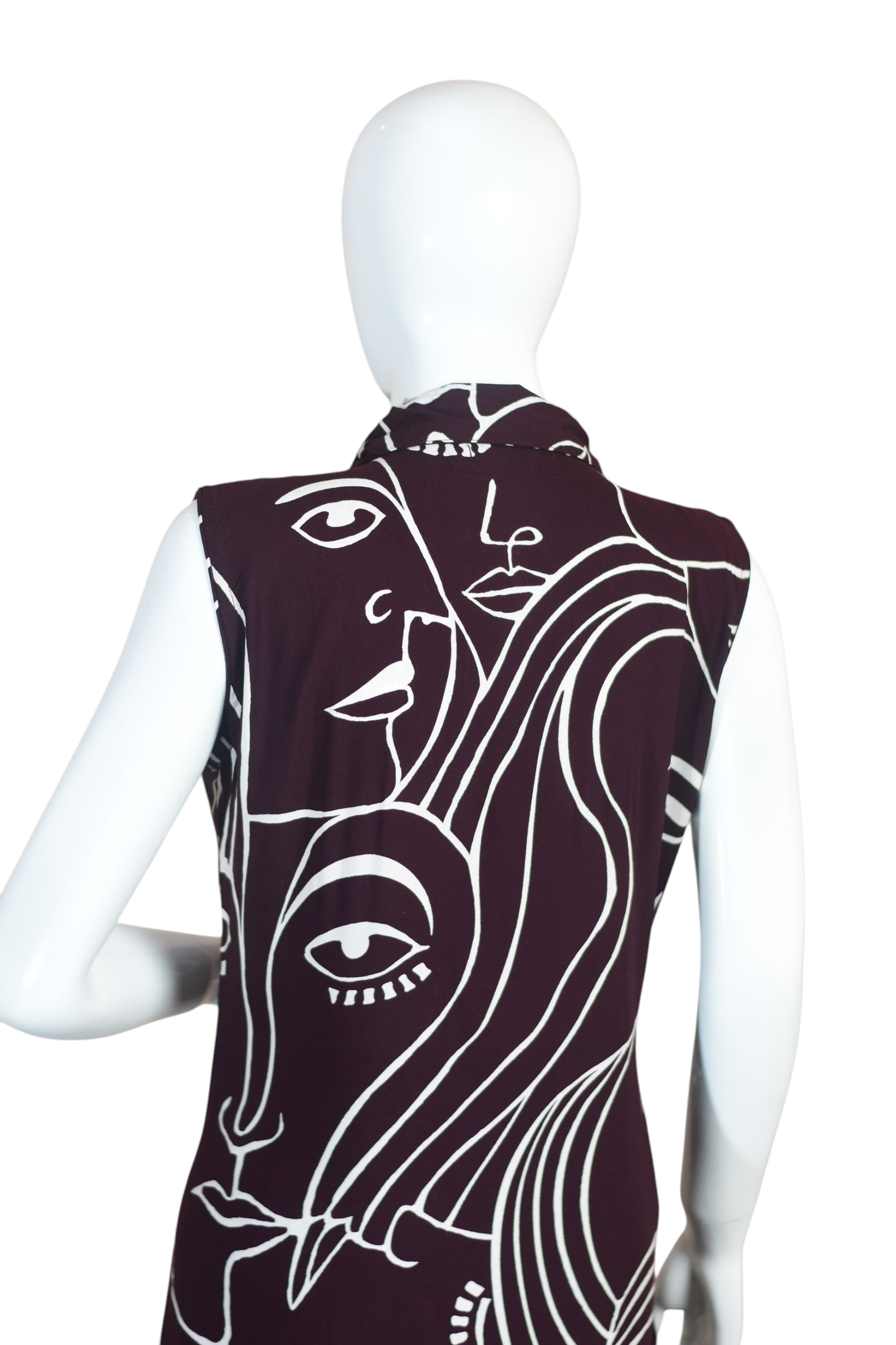 Abstract Face Print Sleeveless Dress, Black and White, V-Neck, Midi Length