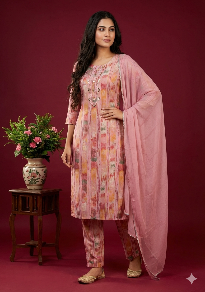 Elegant Pink Rayon 3-Piece Suit with Embroidery & Print