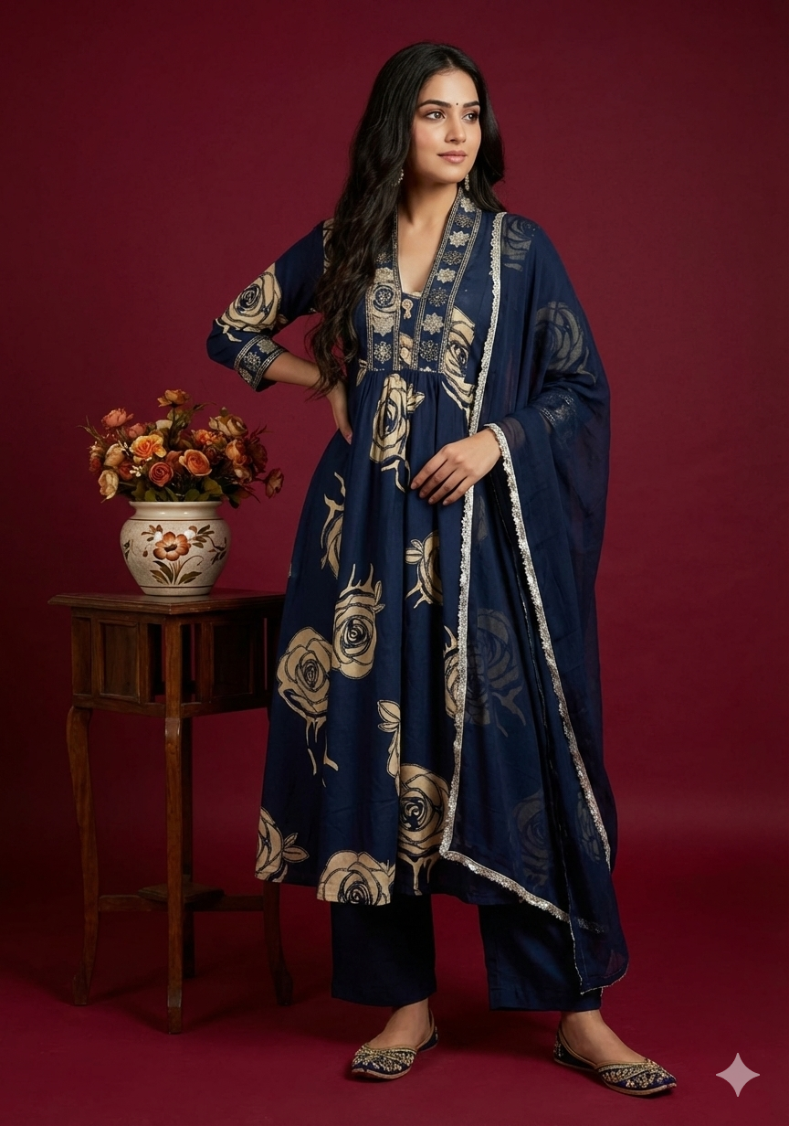 Blue Anarkali Suit with Hand Embroidery & Dupatta – Ethnic Wear for Women