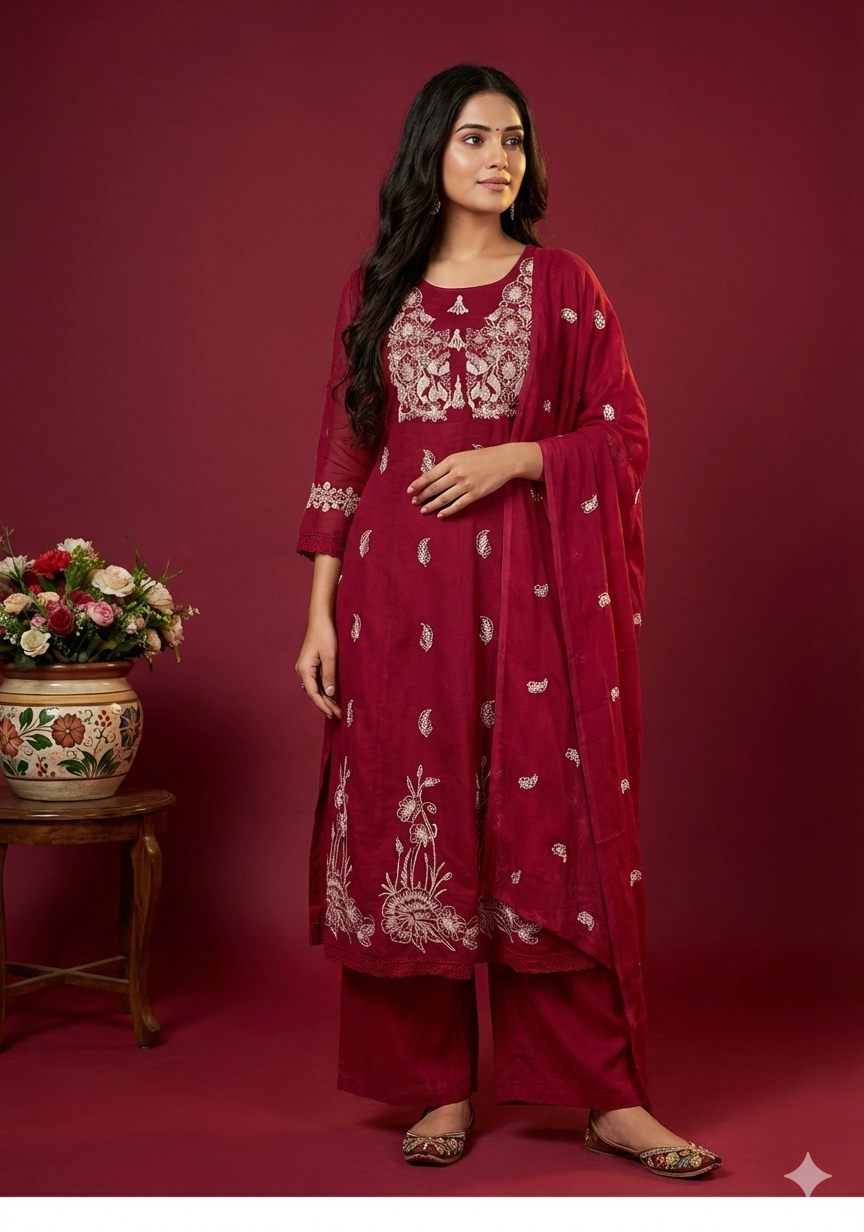 Mal Chanderi Hand Embroidered Anarkali Suit with Dupatta