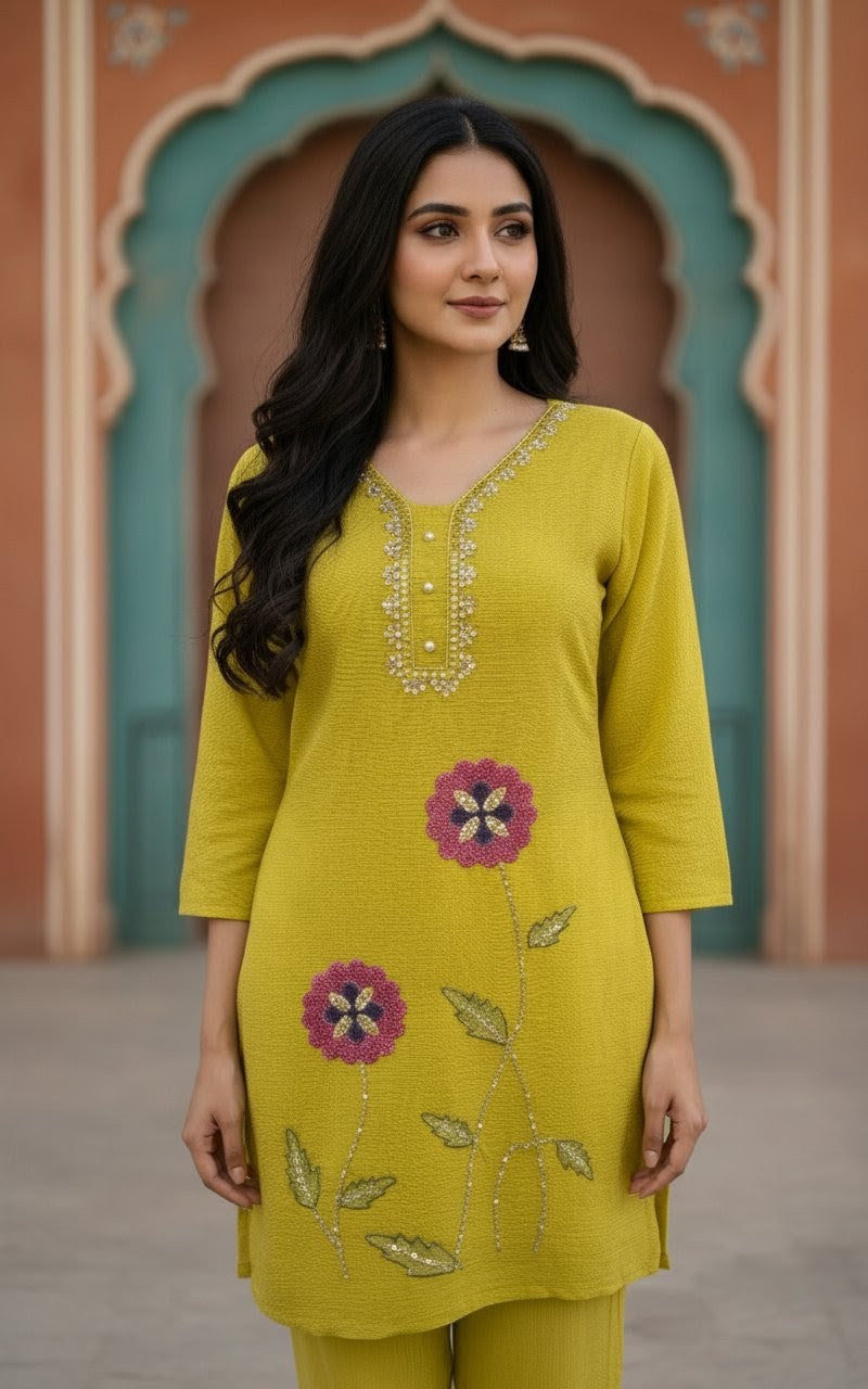 Lime Yellow Silk Co-ord Set with Hand Embroidered Floral Design