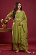 Olive Green Embroidered Salwar Kameez Set for Women – Traditional Ethnic Wear with Dupatta Elegant Festive Outfit