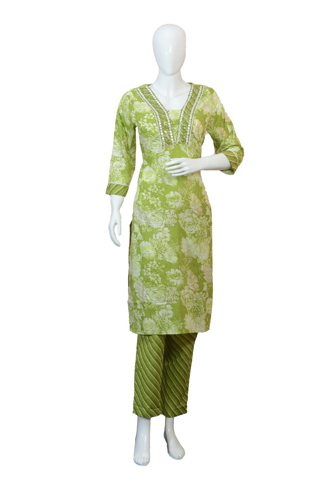 Light Green Floral Printed Suit Set with Mirror Work & Dupatta | Ethnic Cotton Kurta Pant Set for Women