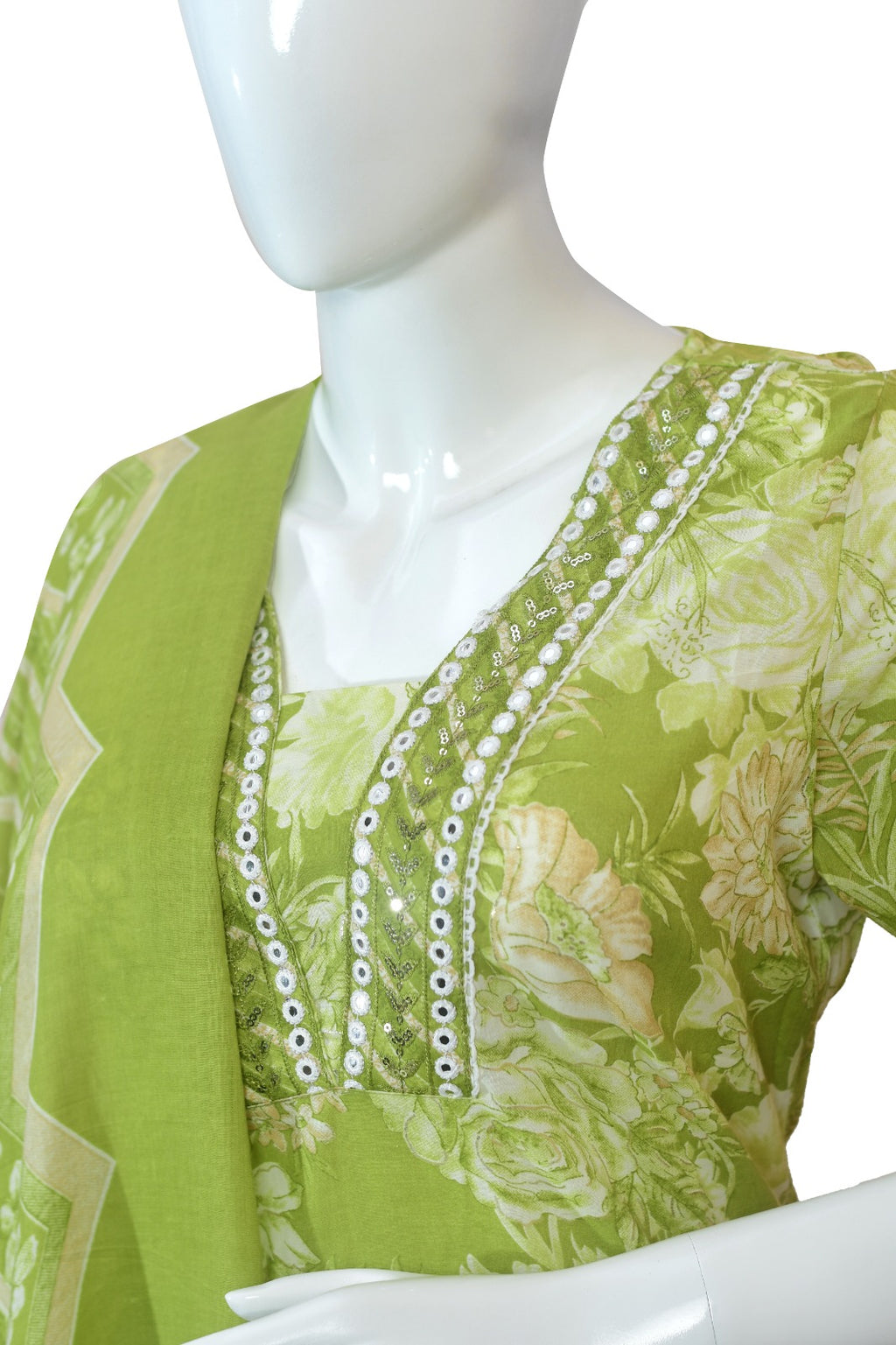 Light Green Floral Printed Suit Set with Mirror Work & Dupatta | Ethnic Cotton Kurta Pant Set for Women