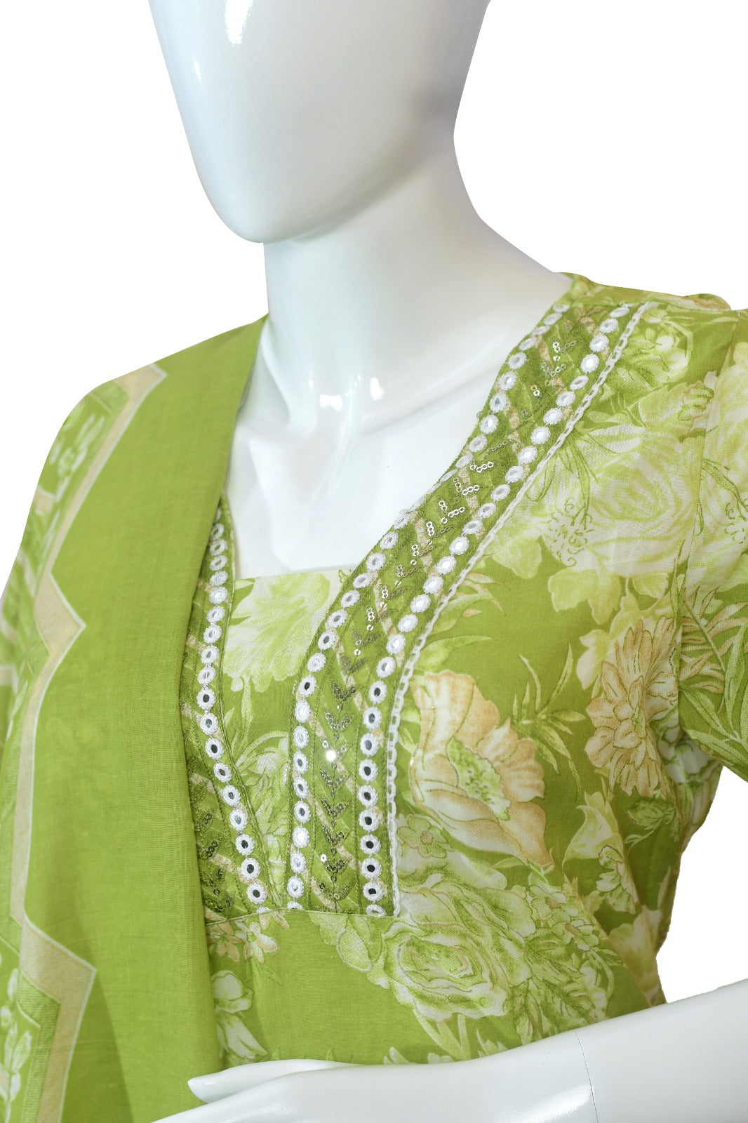 Light Green Floral Printed Suit Set with Mirror Work & Dupatta | Ethnic Cotton Kurta Pant Set for Women