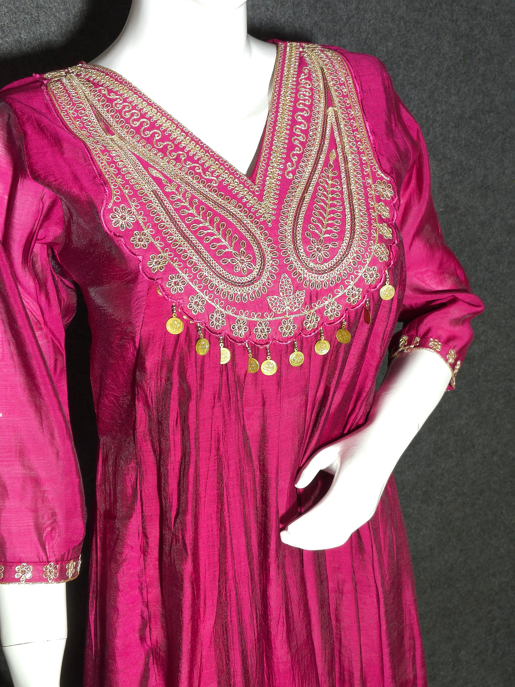 Magenta Pink Anarkali Silk Suit With Jari Work & Coin Hangings