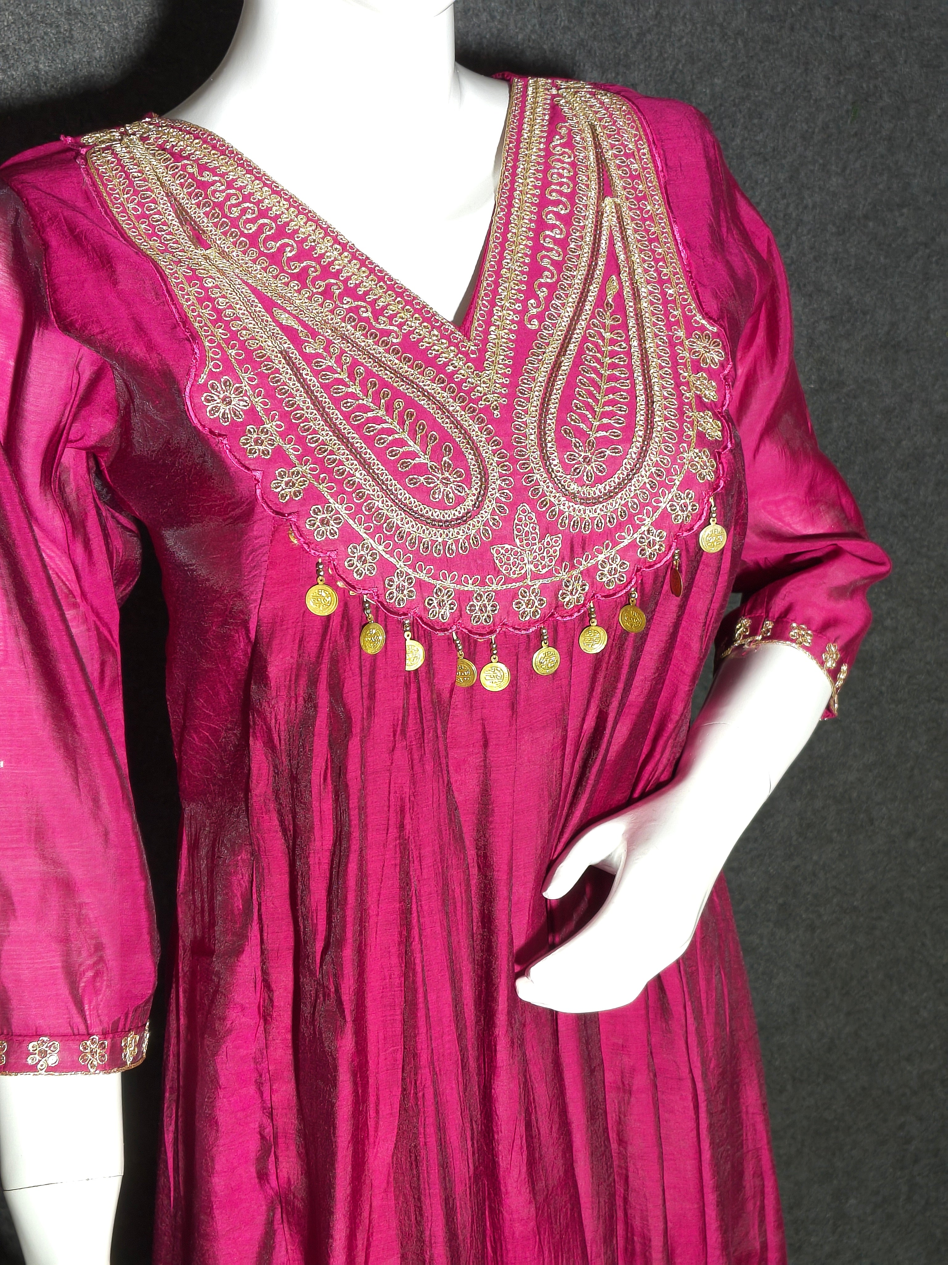 Magenta Pink Anarkali Silk Suit With Jari Work & Coin Hangings
