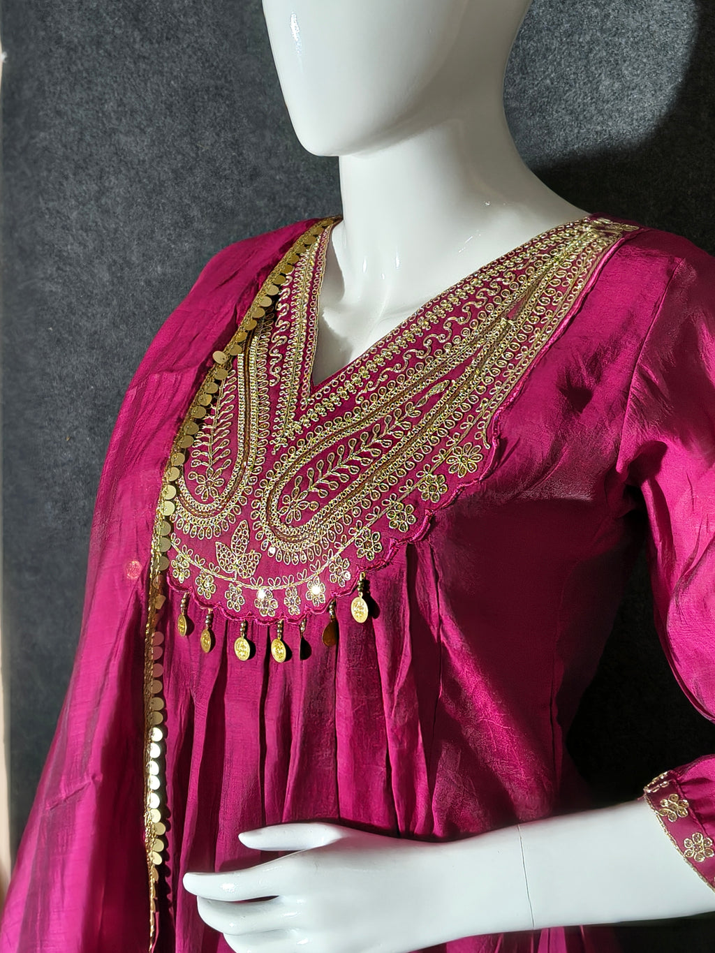 Magenta Pink Anarkali Silk Suit With Jari Work & Coin Hangings
