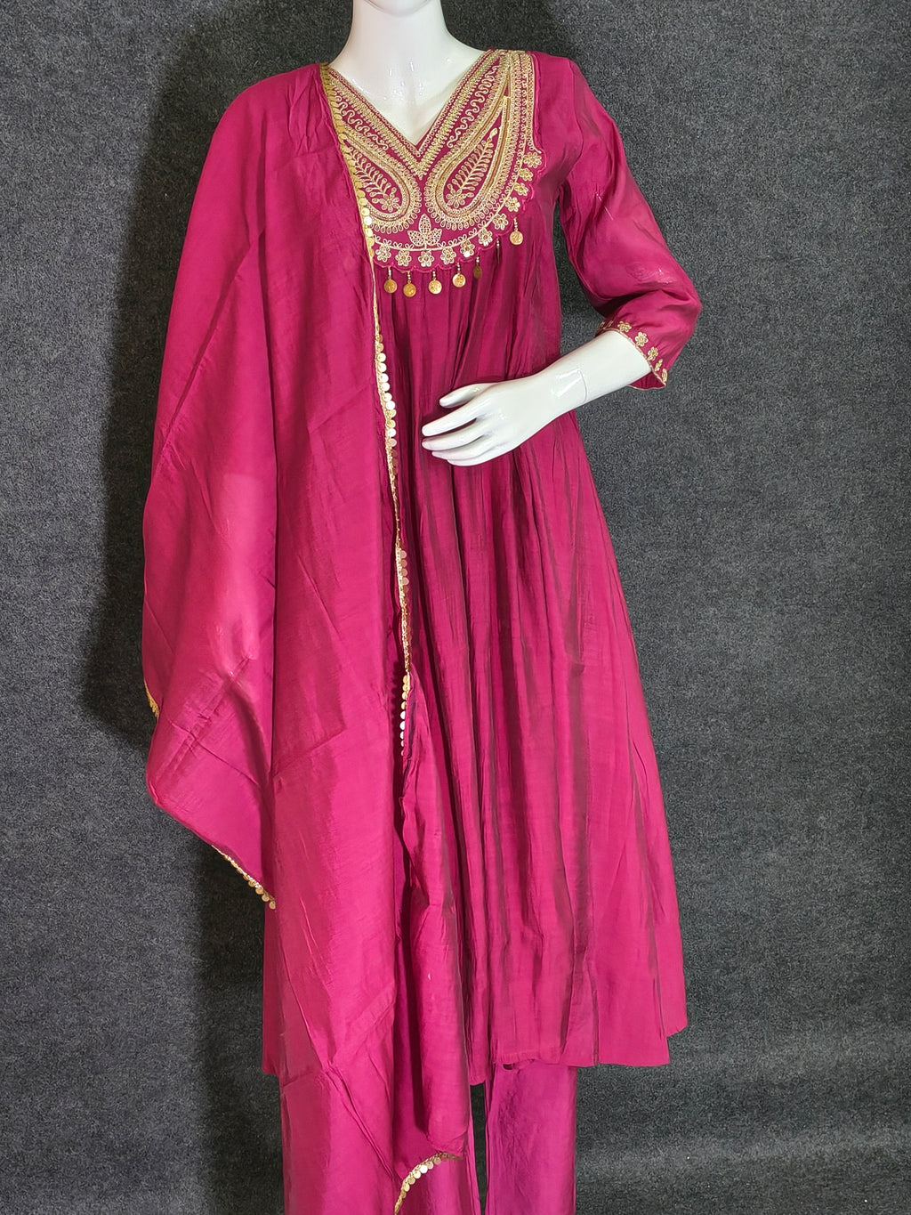 Magenta Pink Anarkali Silk Suit With Jari Work & Coin Hangings