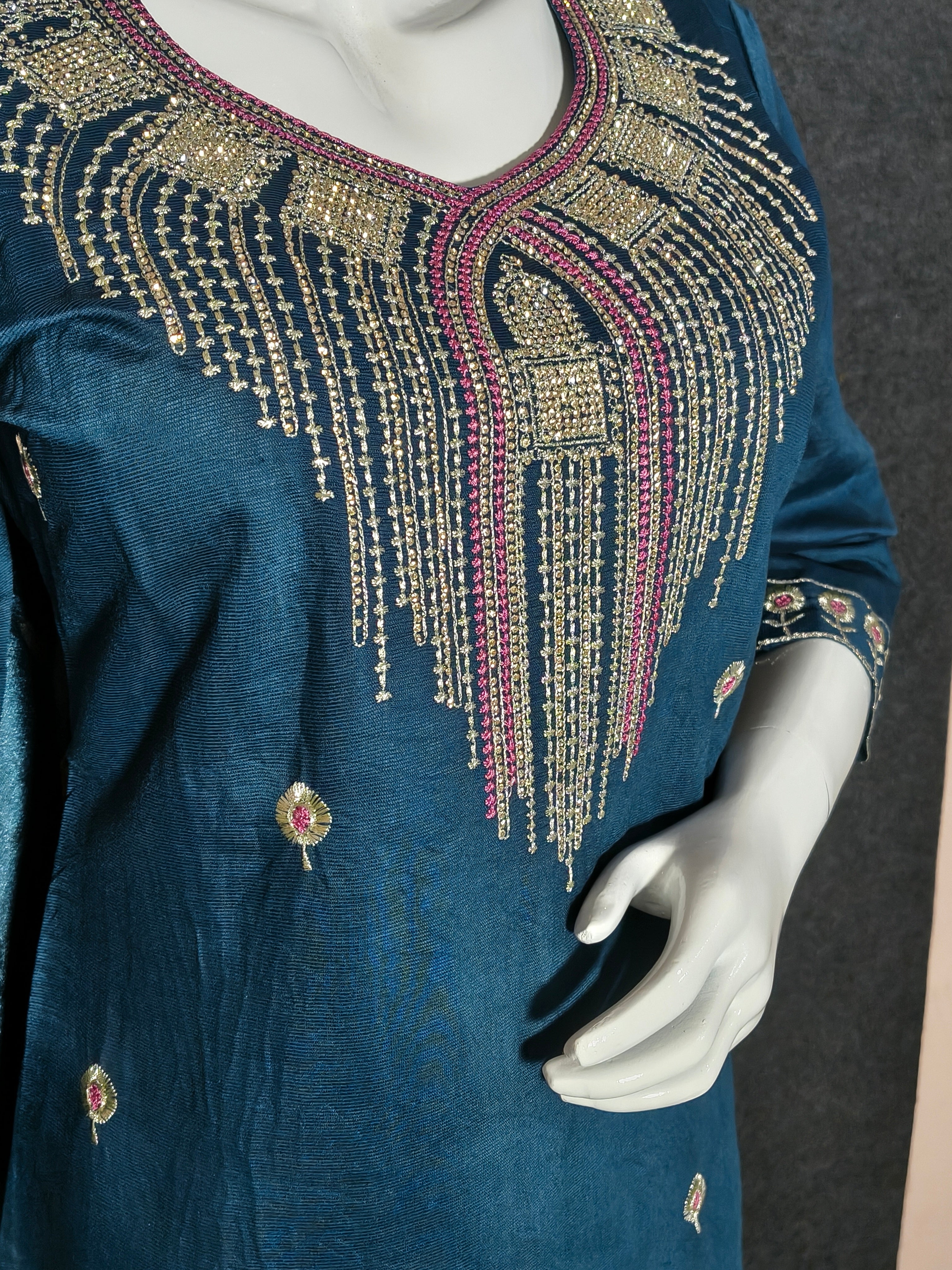 Teal Blue Embroidered Silk Suit with Digital Floral Dupatta – Elegant Ethnic Wear for Women