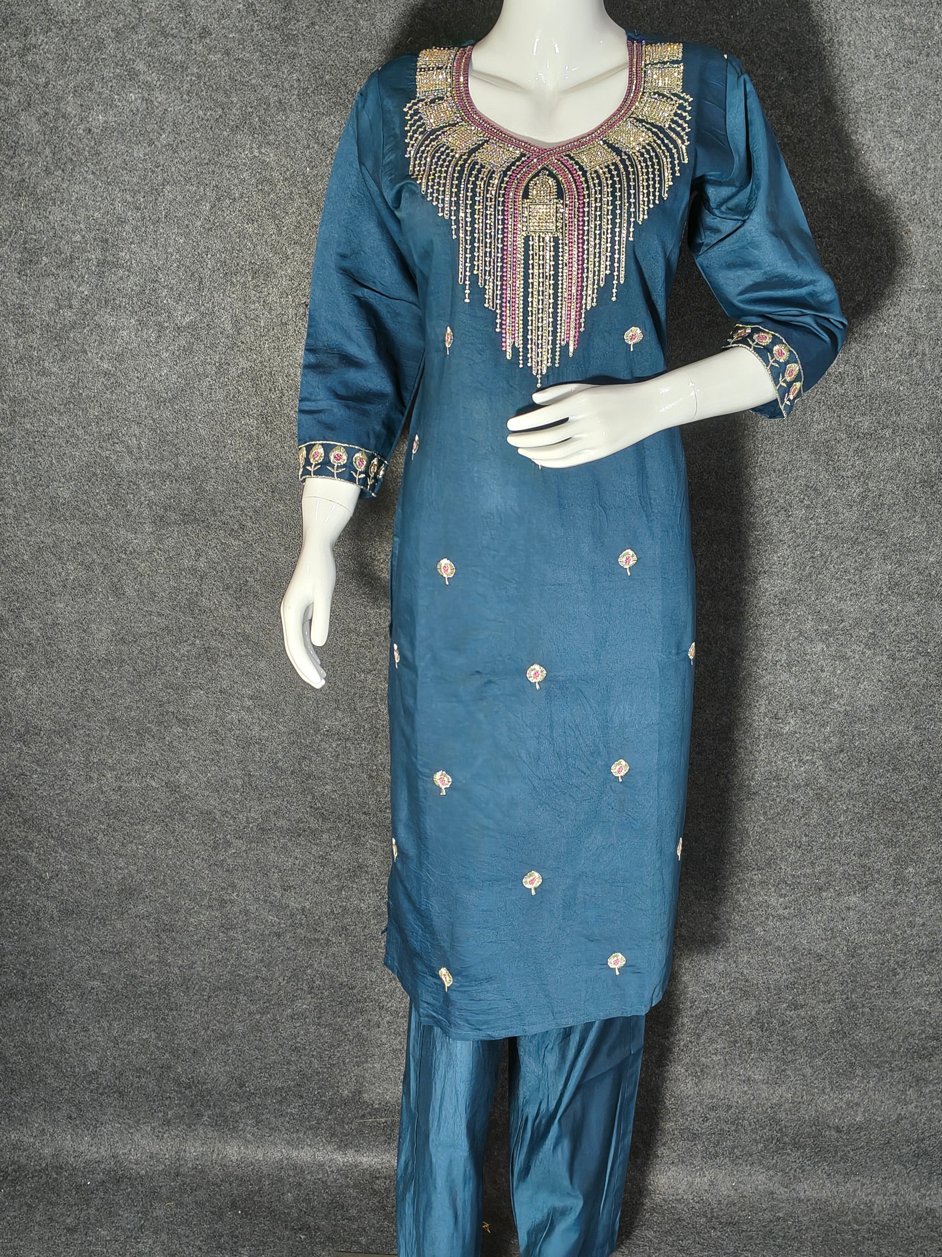 Teal Blue Embroidered Silk Suit with Digital Floral Dupatta – Elegant Ethnic Wear for Women