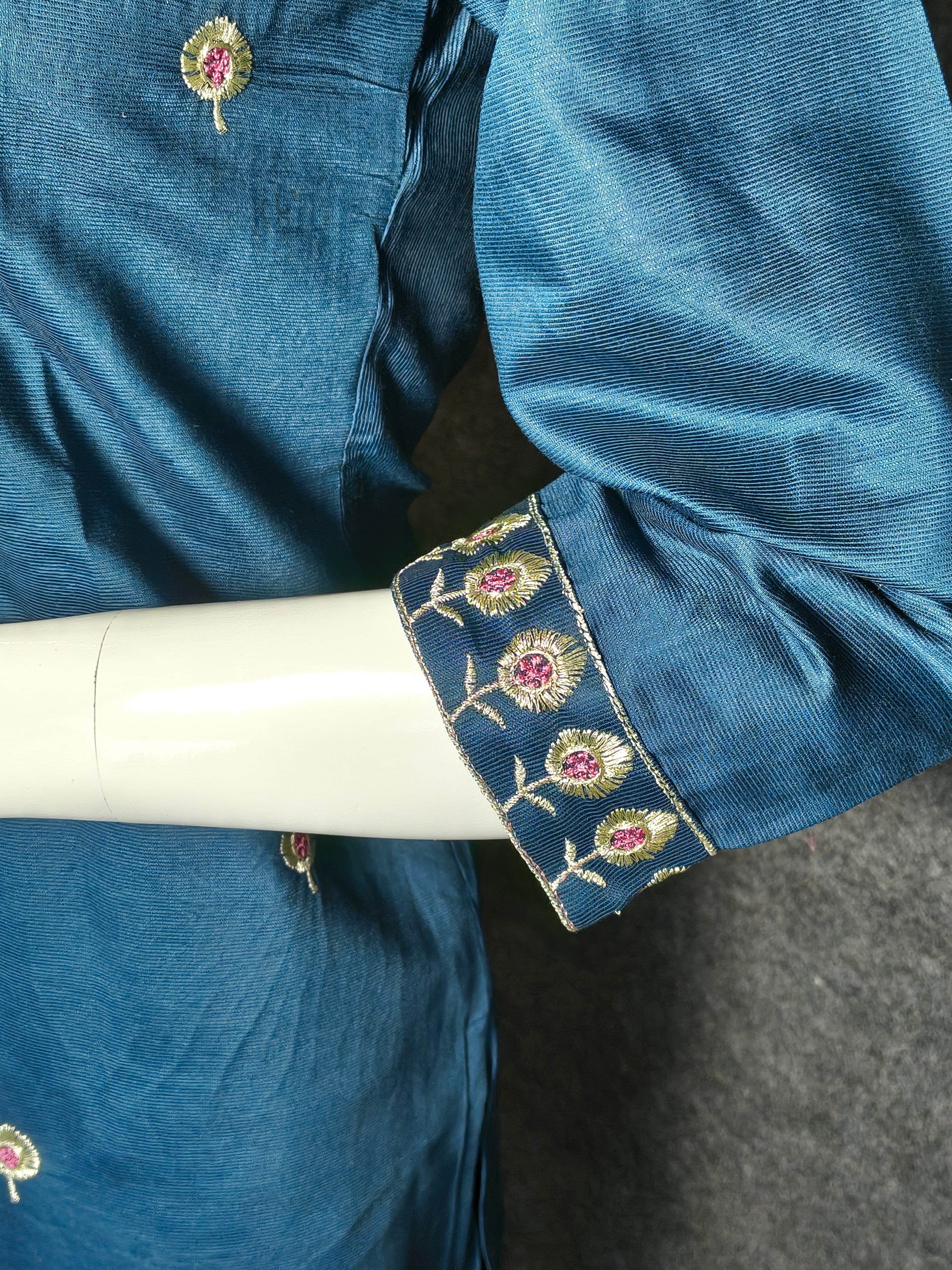 Teal Blue Embroidered Silk Suit with Digital Floral Dupatta – Elegant Ethnic Wear for Women