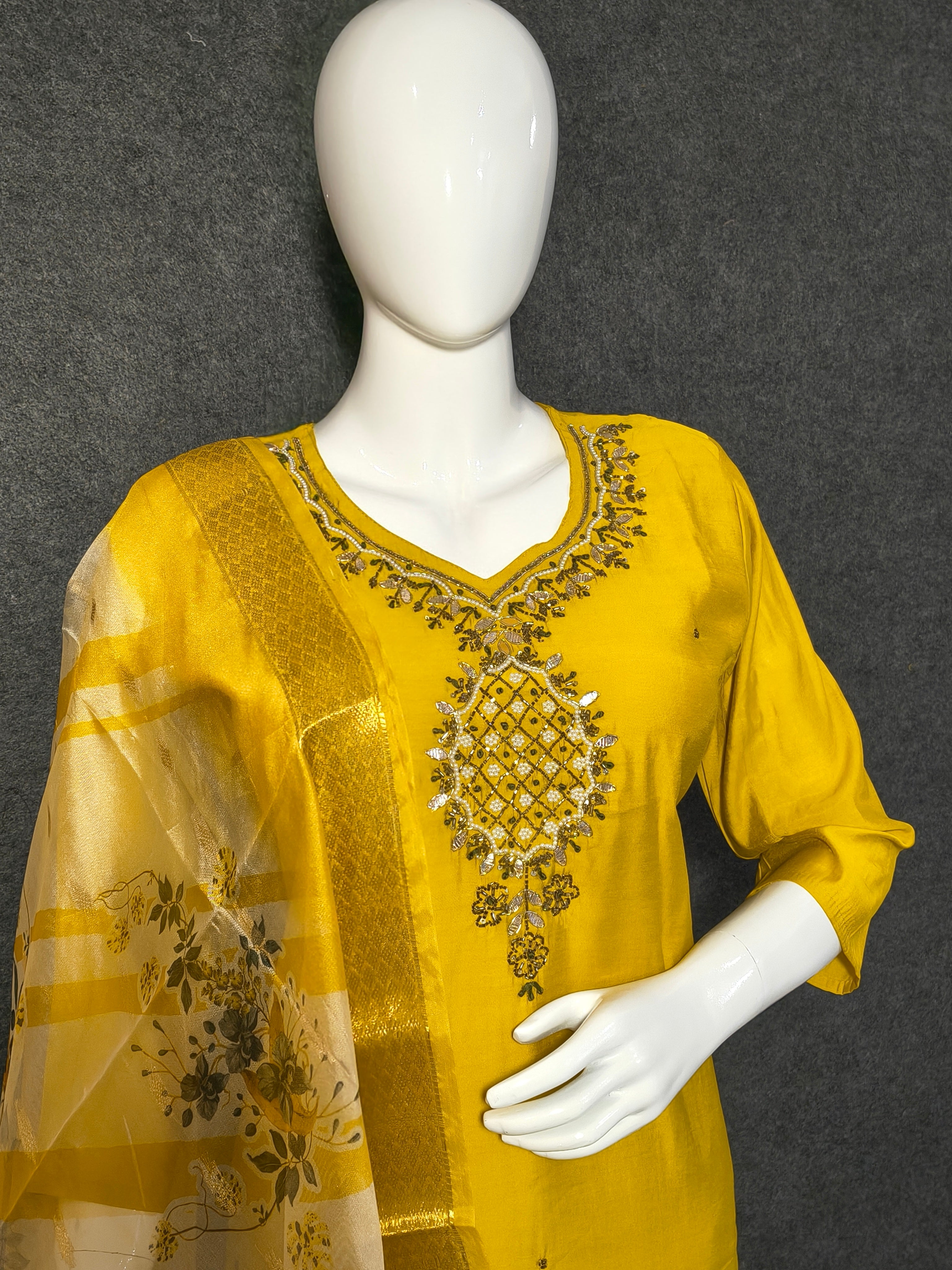 Mustard Yellow Roman Silk Suit with Organza Dupatta & Embroidered Neckline