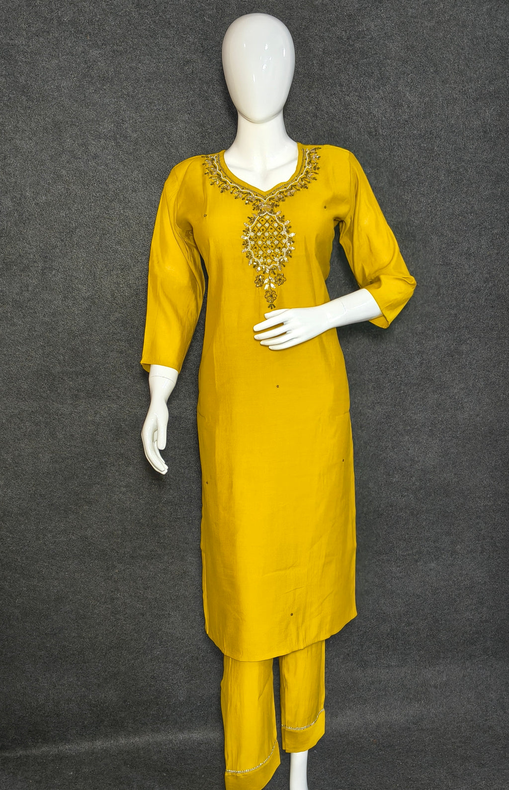 Mustard Yellow Roman Silk Suit with Organza Dupatta & Embroidered Neckline