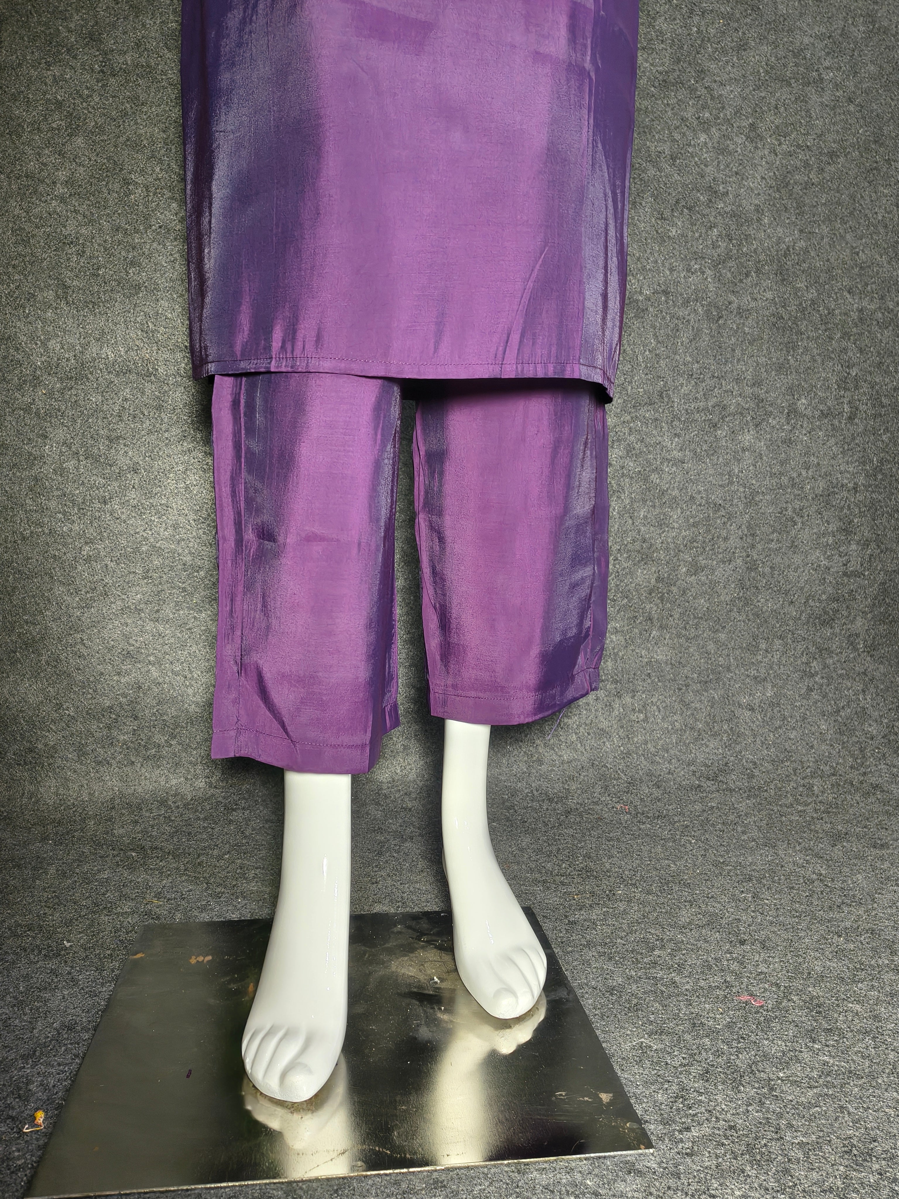 Royal Purple Roman Silk Suit with Organza Dupatta & Embroidered Neckline