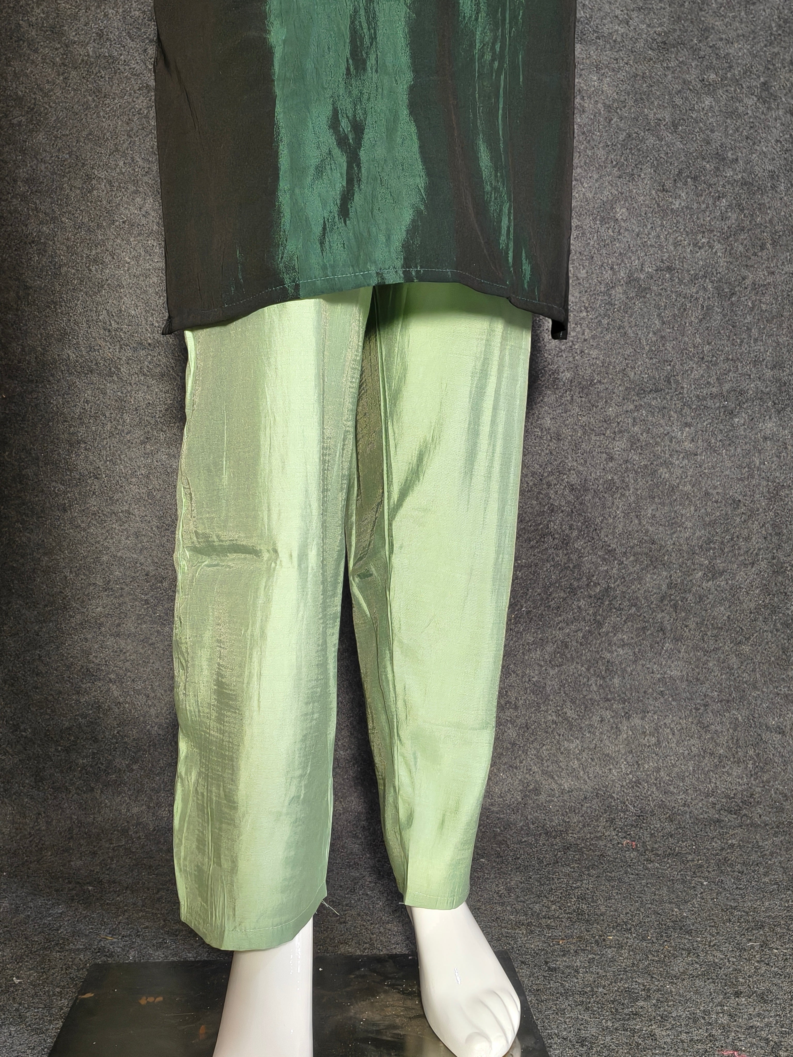 Elegant Roman Silk Suit with Embroidered Neckline & Organza Dupatta
