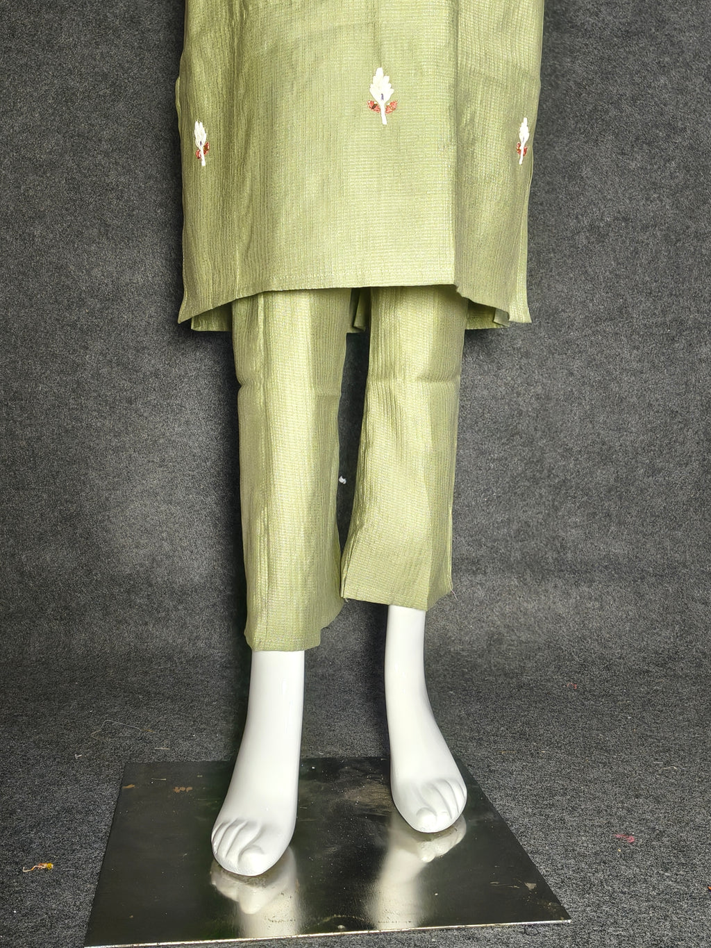 Olive Roman Silk Suit Set with Hand Embroidery & Silk Blend Dupatta