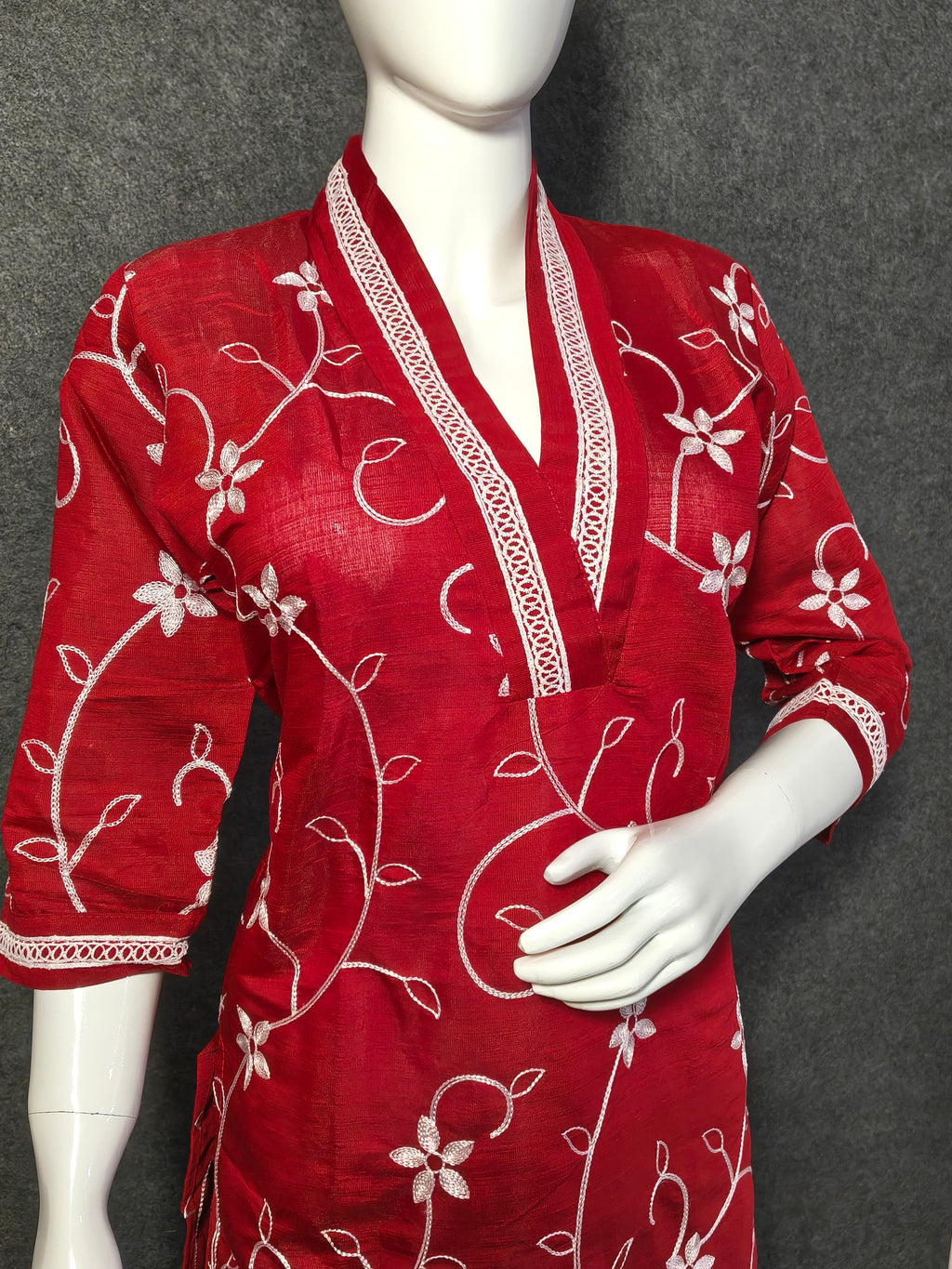 Red Vatican Co-ord Set with White Floral Embroidery