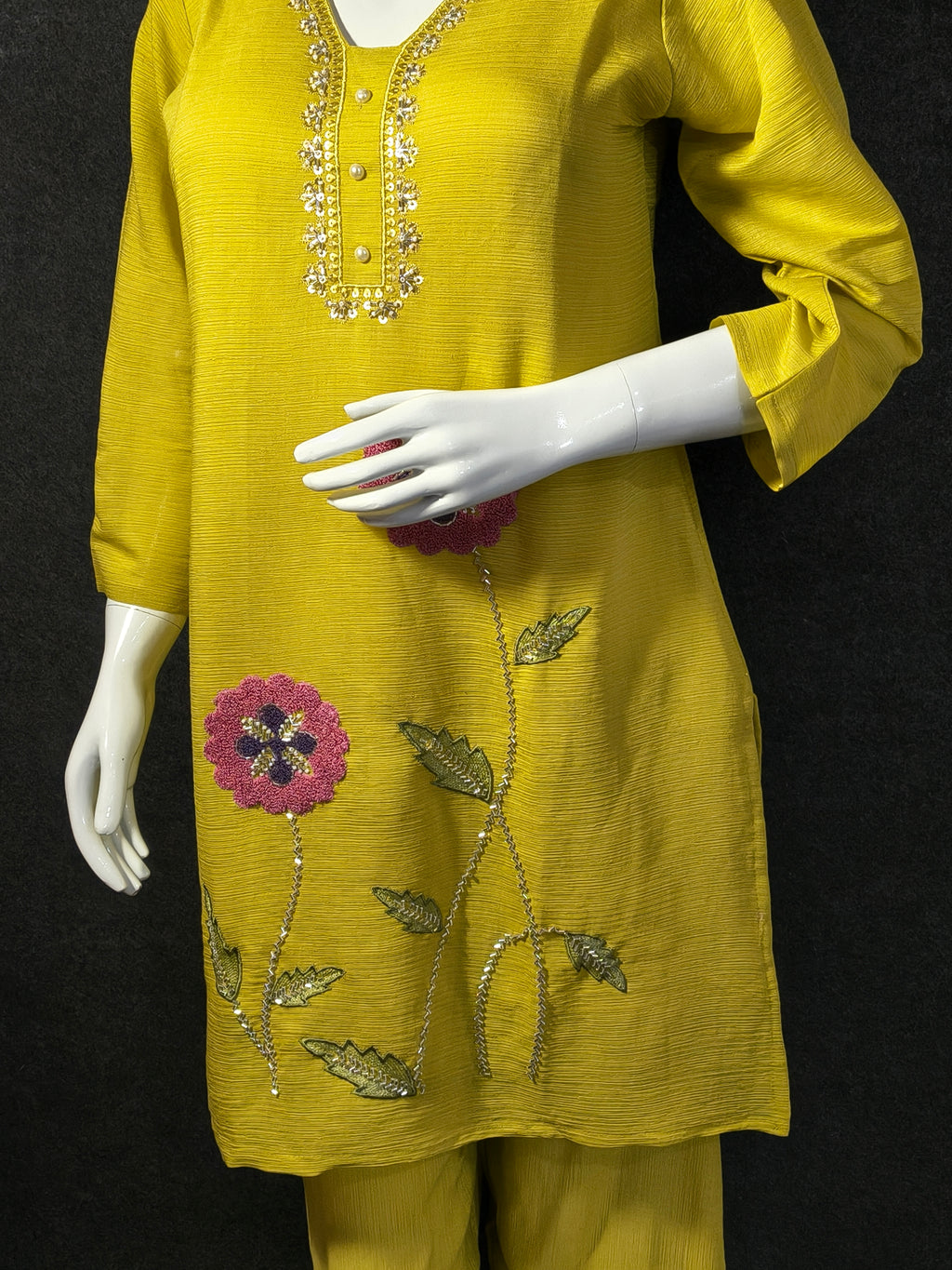 Lime Yellow Silk Co-ord Set with Hand Embroidered Floral Design