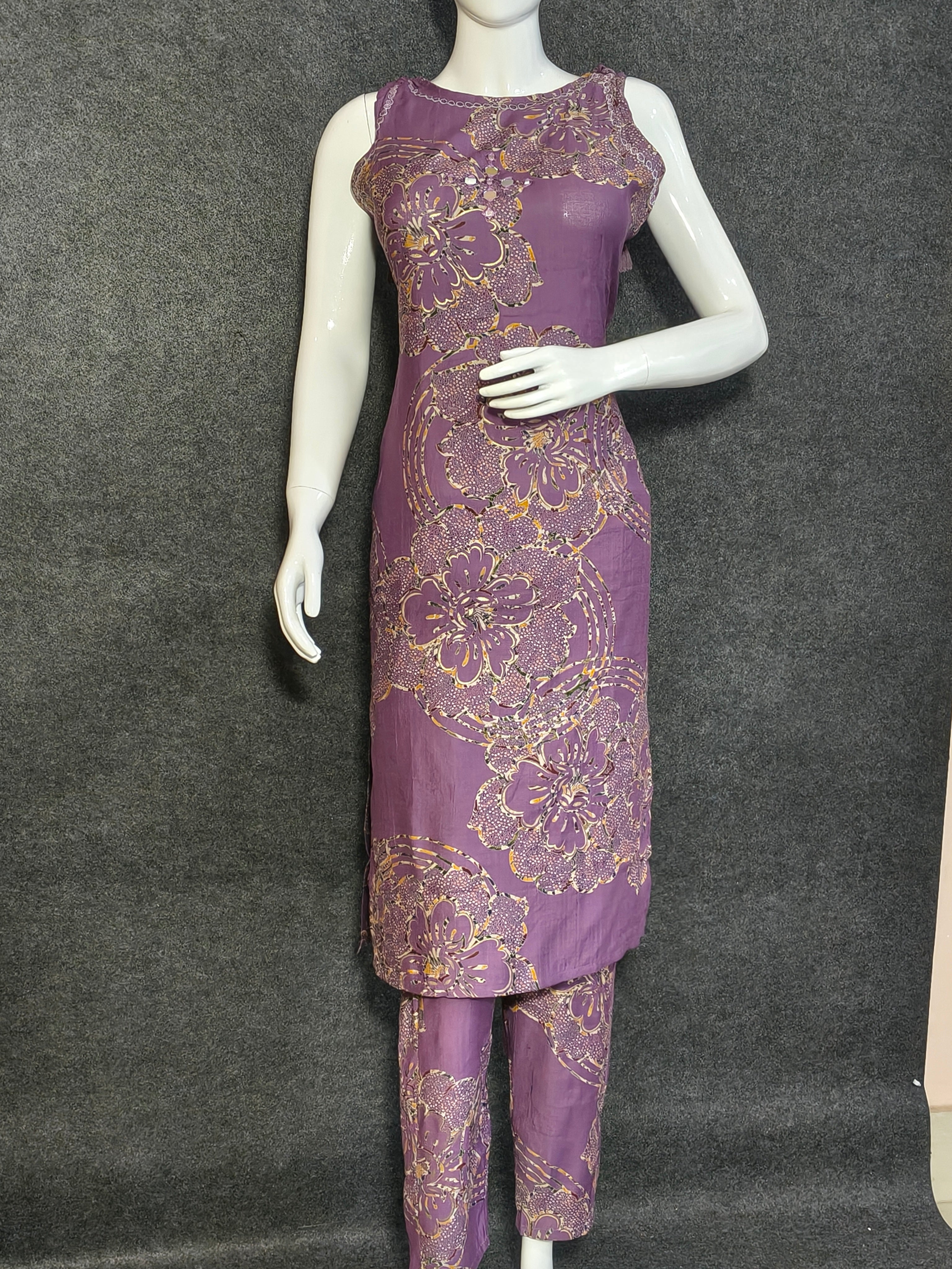 Sleeveless Purple Floral Printed Kurti Set | Ethnic Wear Kurta with Pants | Summer Festive Wear