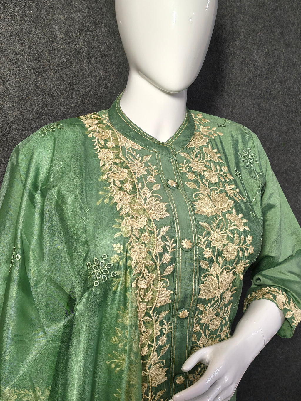 Green Roman Silk Suit with Hand Thread Embroidery & Dupatta
