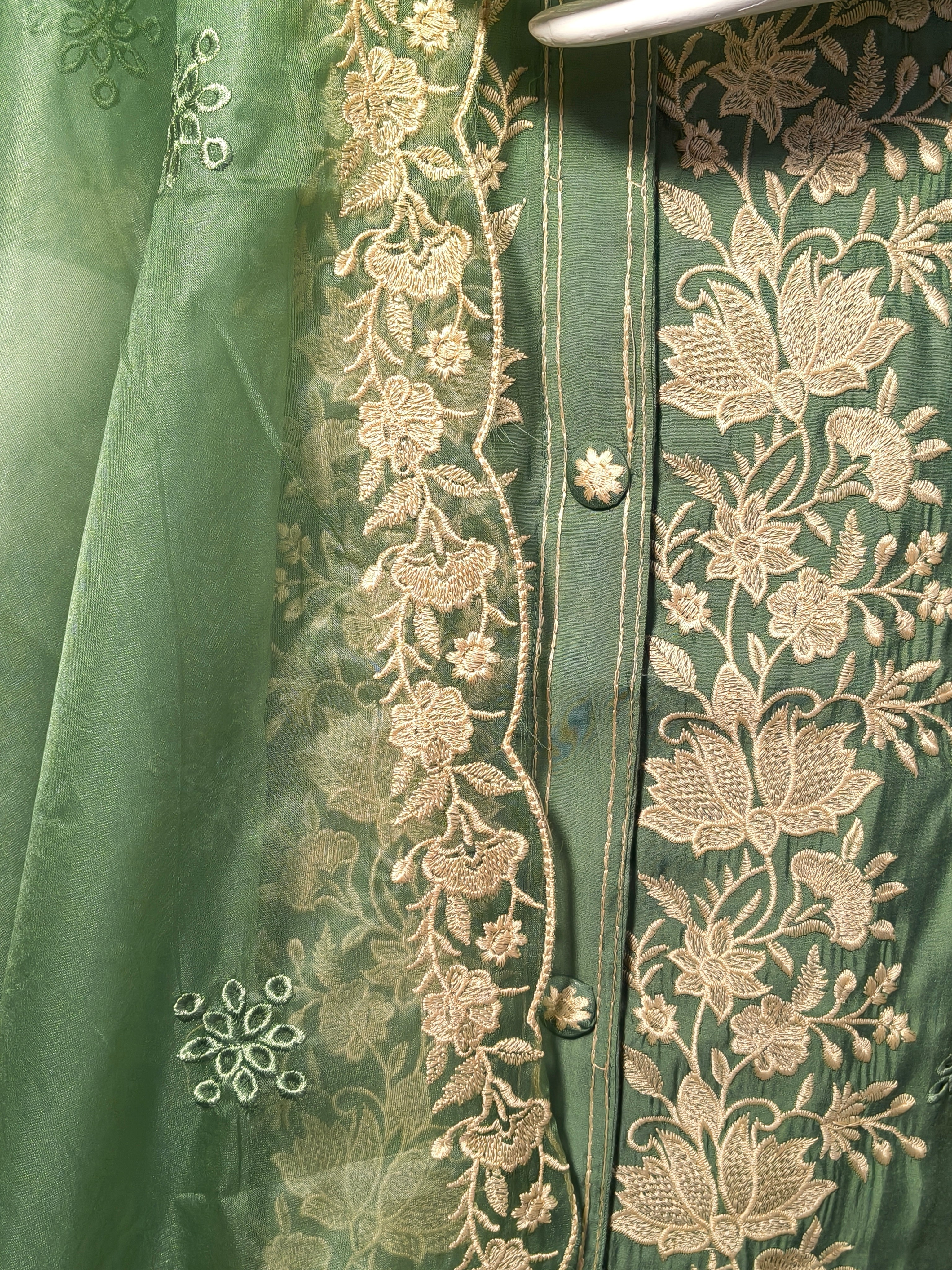 Green Roman Silk Suit with Hand Thread Embroidery & Dupatta