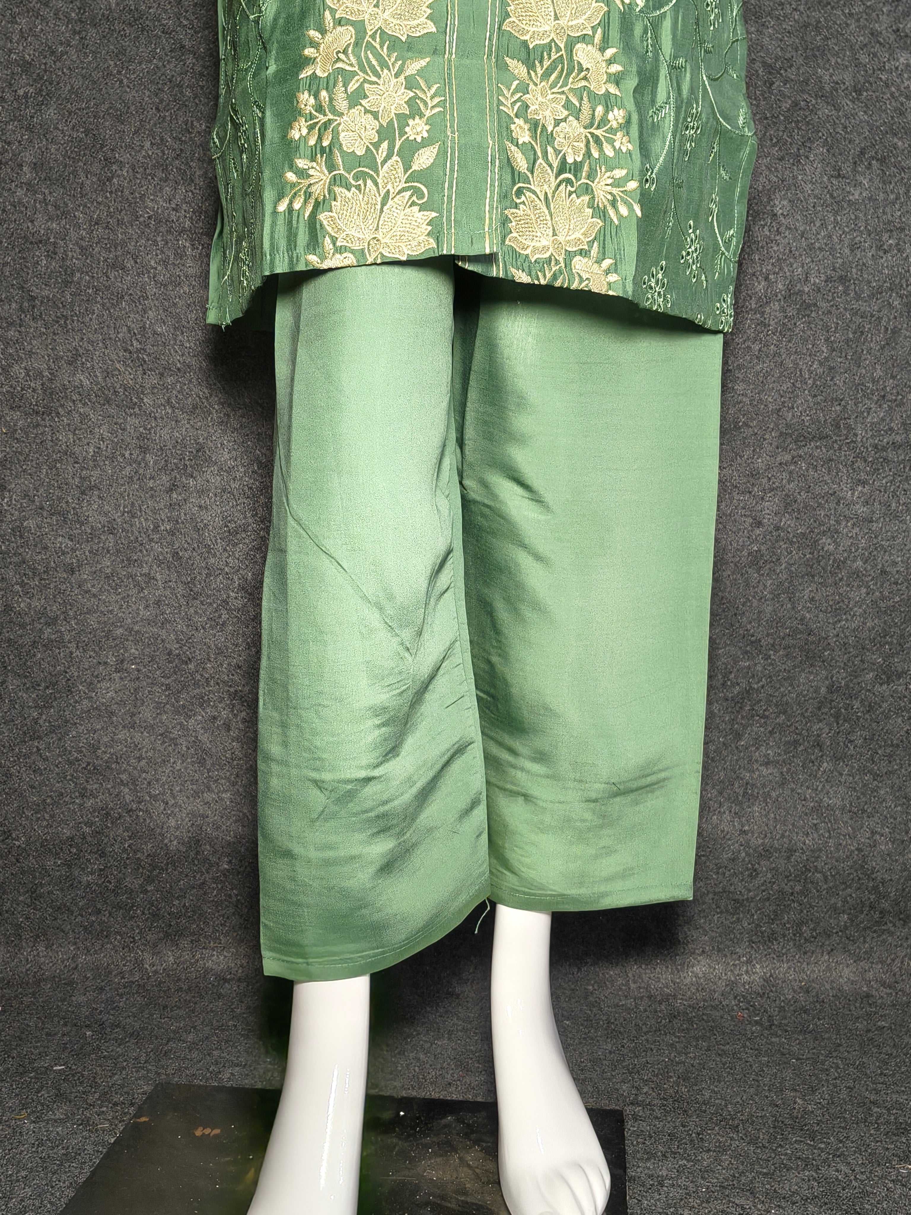 Green Roman Silk Suit with Hand Thread Embroidery & Dupatta
