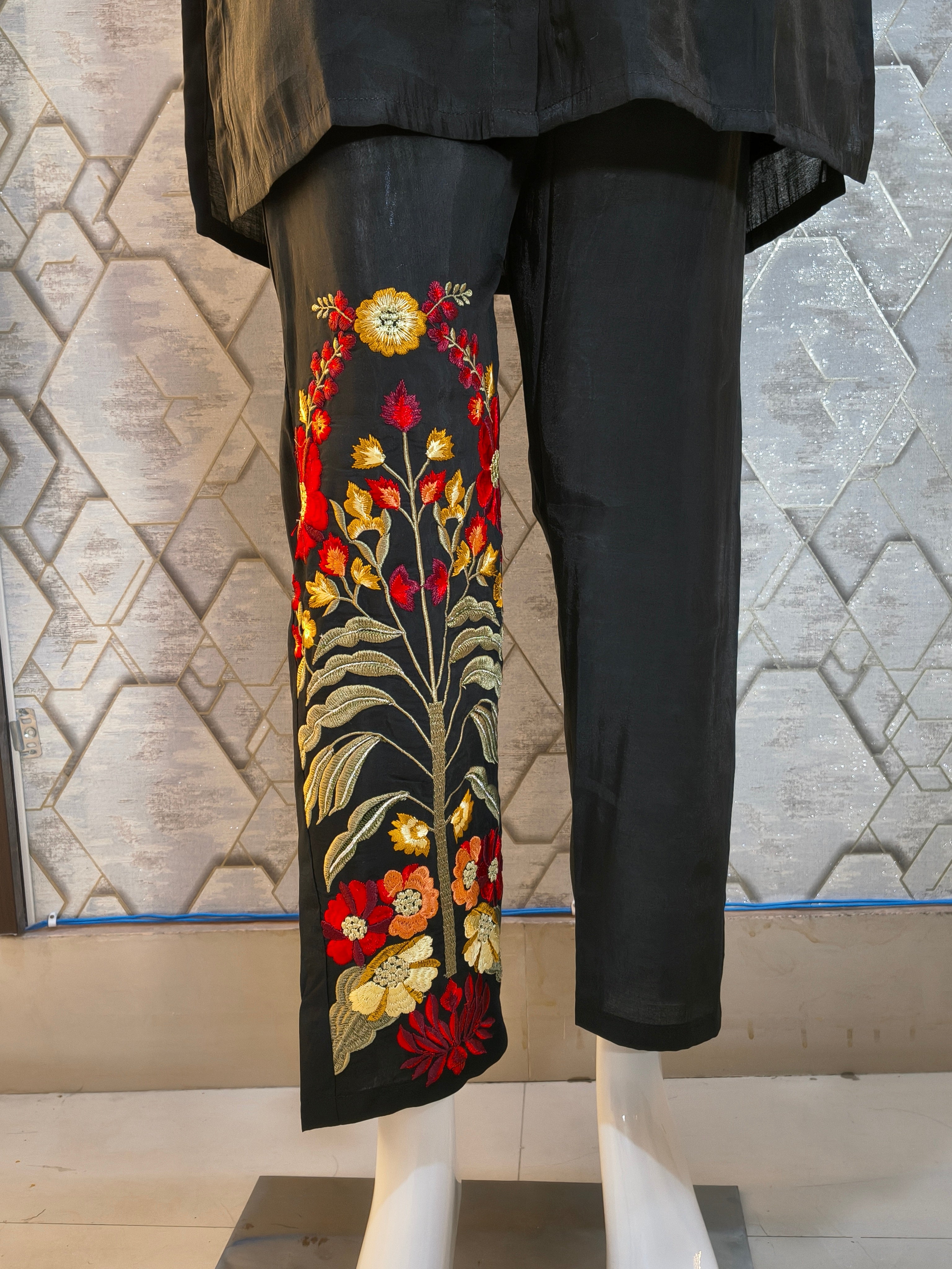 Black Co-ord Set with Multicolored Floral Embroidery