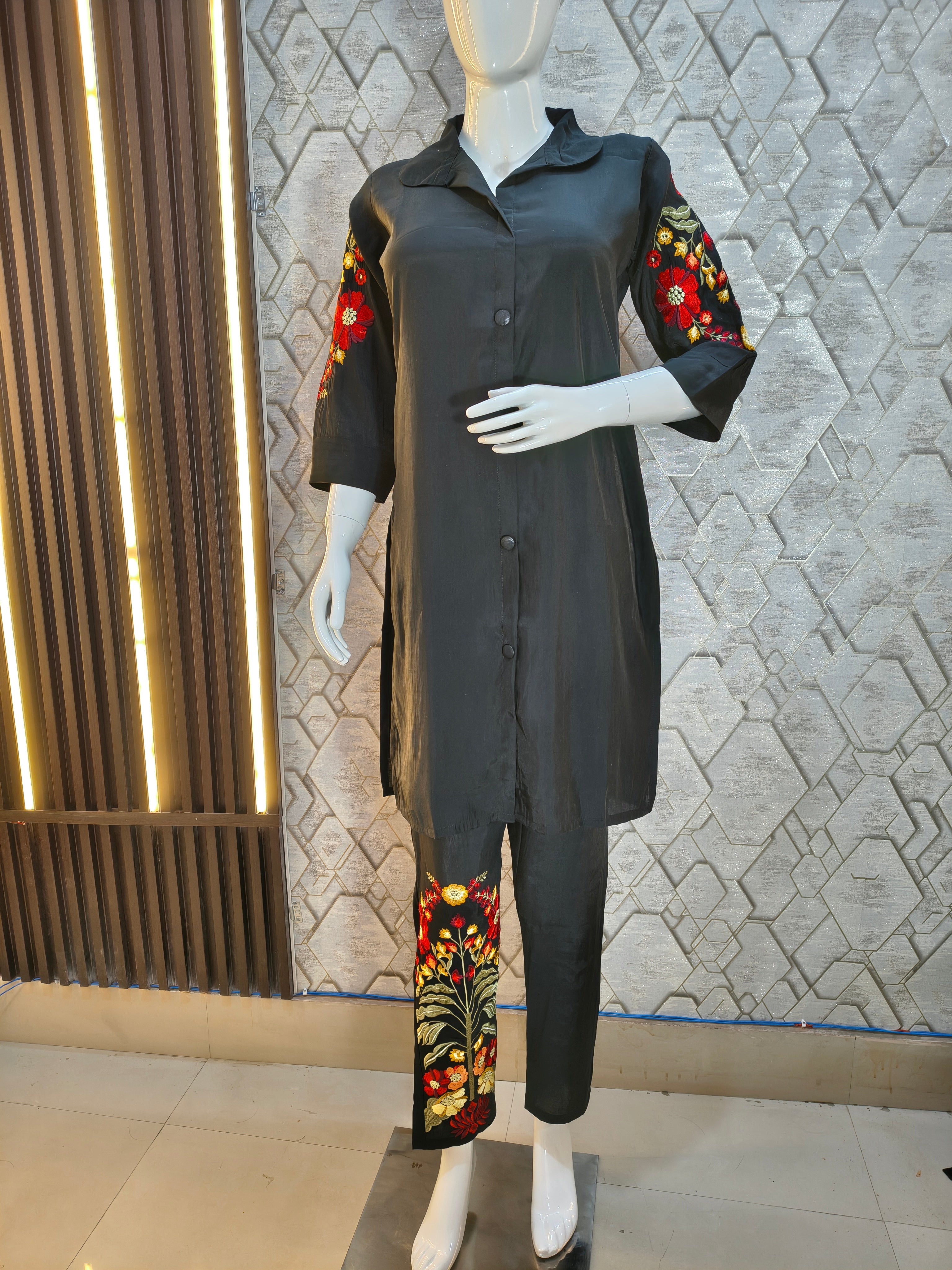 Black Co-ord Set with Multicolored Floral Embroidery