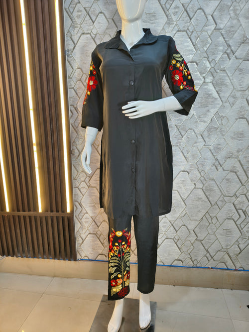 Black Co-ord Set with Multicolored Floral Embroidery