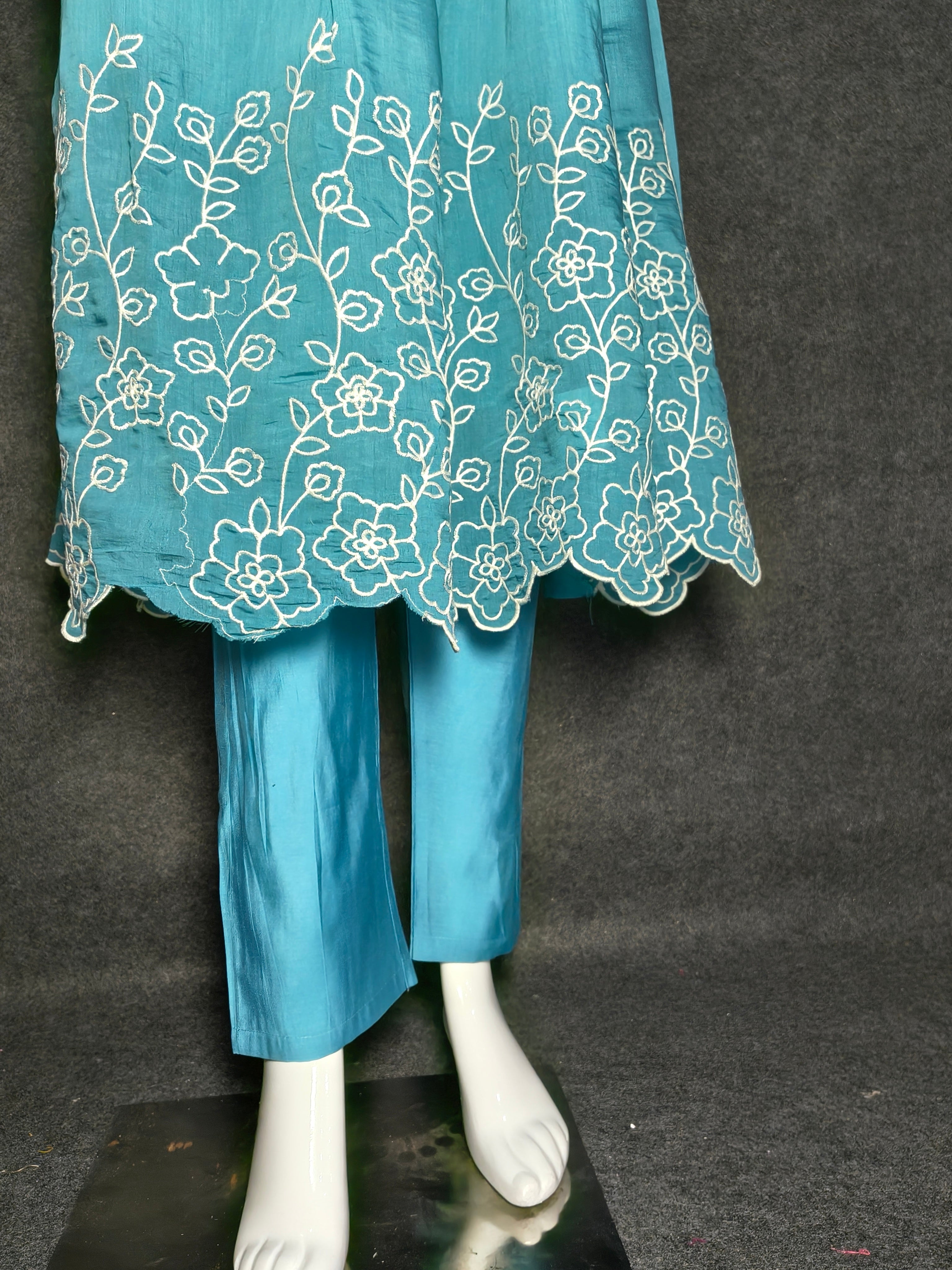 Aqua Blue Hand-Embroidered Pleated Anarkali with Dupatta